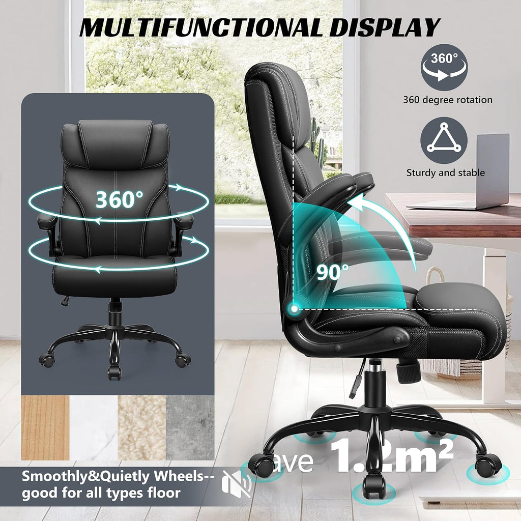 HeroSet Office Chair, Ergonomic Big and Tall Computer Desk Chairs, Executive Breathable Leather Chair with Adjustable Flip-up Armrests, Lumbar Support Swivel PC Chair with Rocking Function
