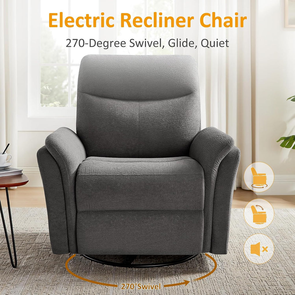 VANOMi Power Recliner Chair Swivel Glider, Electric Rocking Recliner Chairs with USB and Type-C Ports, Nursery Chair Recliner for Office, Living Room, Bedroom（Dark Gray）