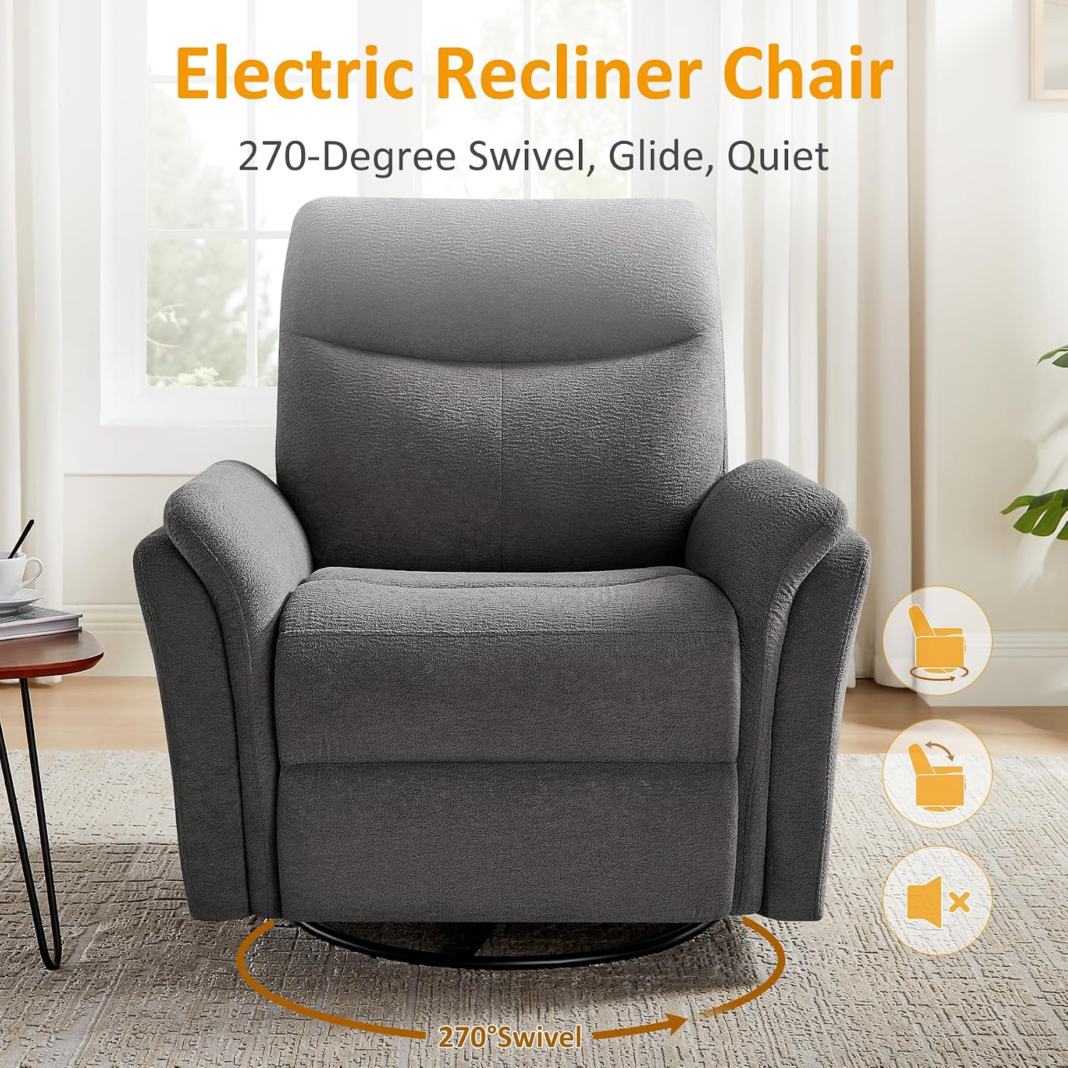 VANOMi Power Recliner Chair Swivel Glider, Electric Rocking Recliner Chairs with USB and Type-C Ports, Nursery Chair Recliner for Office, Living Room, Bedroom（Dark Gray）