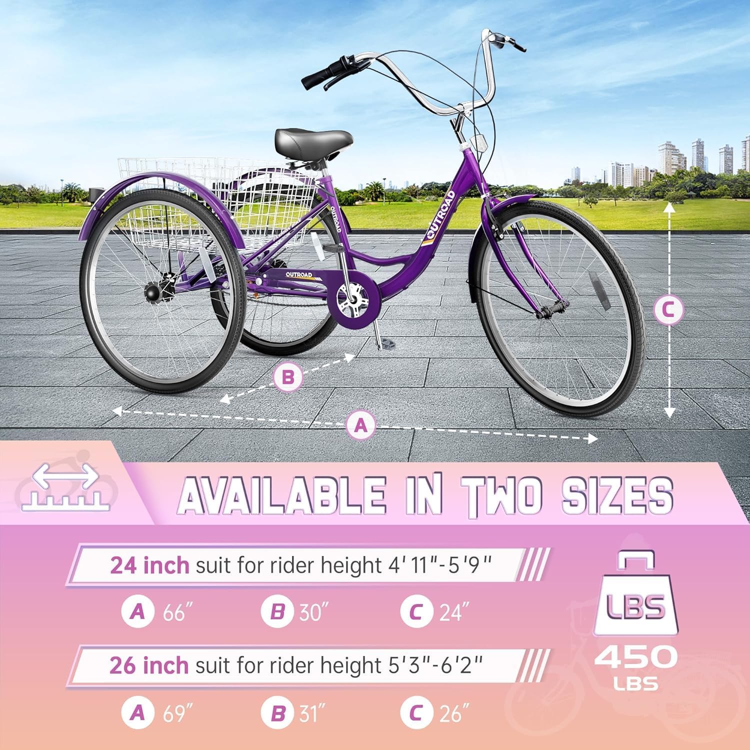 1 Speed Adult Tricycle, 24/26 inch Cruiser Trike with Large Basket for Women Men Seniors, 3 Wheel Bike for Outdoor, Shopping, Recreation, Picnic (Red/Blue/Purple)