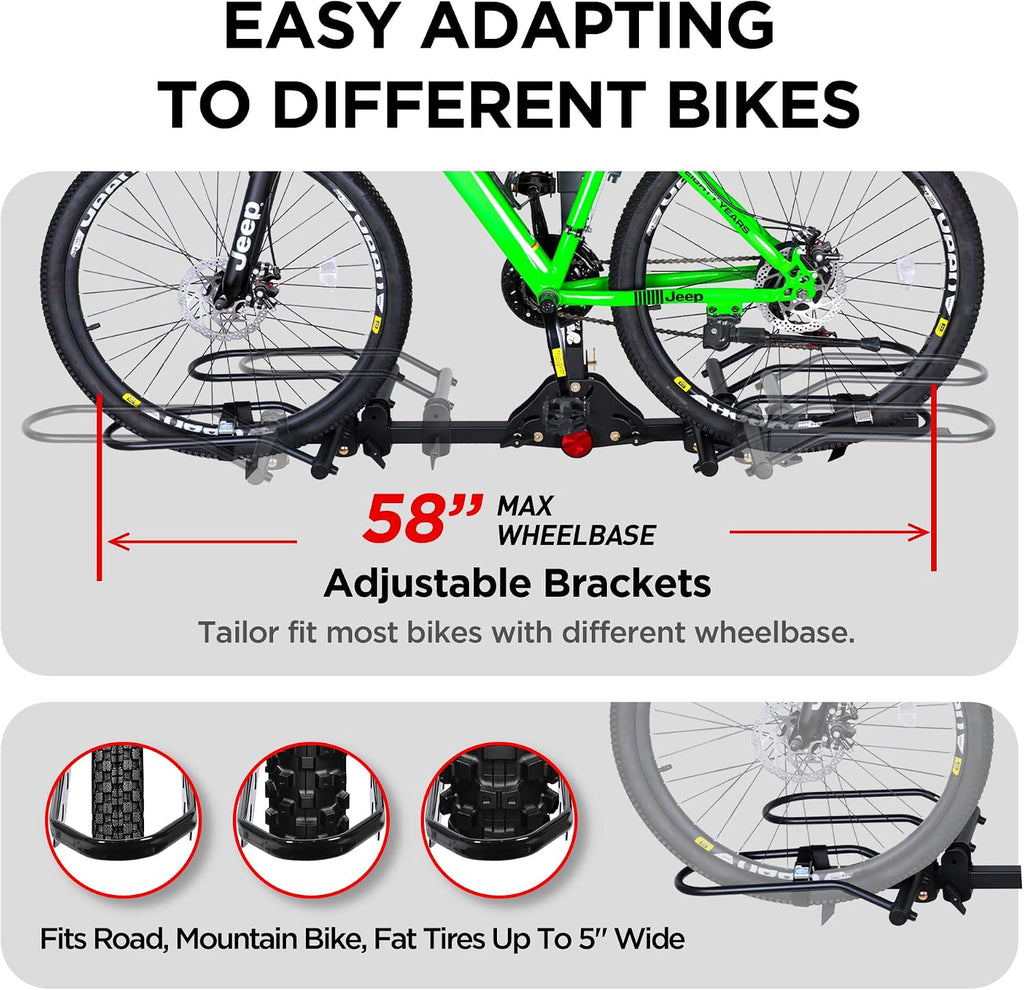 Young 200 lbs. Capacity Hitch Mounted 2-Bike Rack with Lock for Standard, Mountain, Fat Tire Bikes, fit Car, SUV, Van, RV, Trailer, Truck