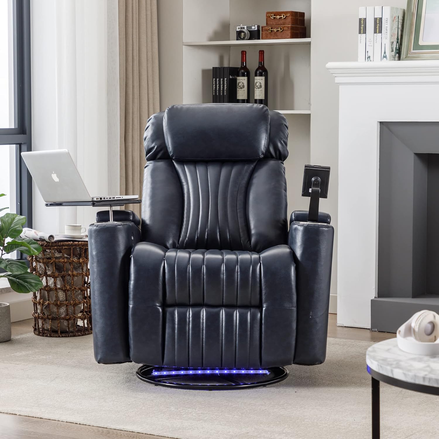 Recliner Chair, 270° Power Swivel Recliner Chair with 360° Swivel Tray Table and Cell Phone Holder, Cup Holder, Home Theater Seating with Hidden Arm Storage, Soft Living Room Chair (Blue/27)