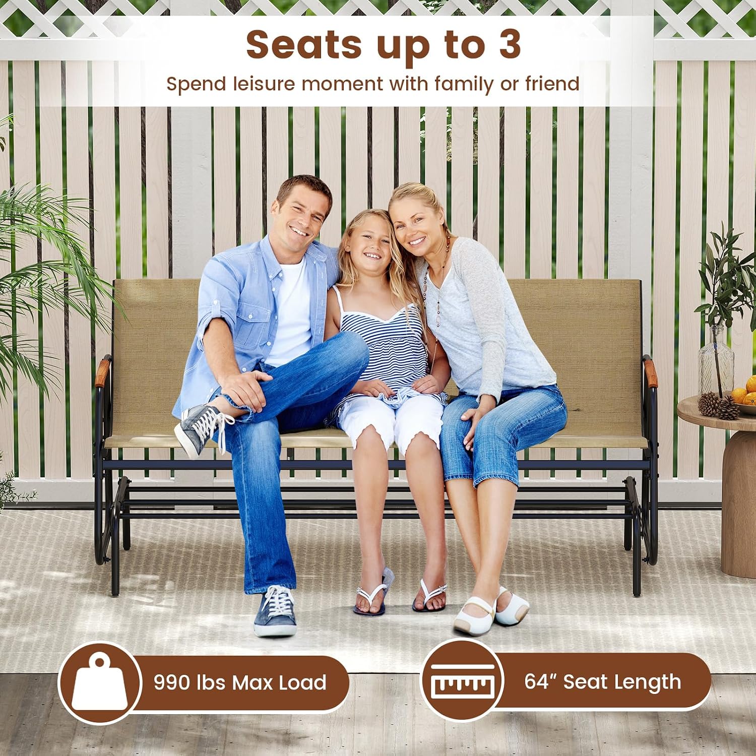 Giantex Patio Glider, 3-Person Swing Gliding Loveseat with Curved Teak Armrests, Fabric Seat, Metal Frame, Load 990lbs, Outdoor Rocking Chair for Porch, Yard, Poolside (29'x66.5'x33')