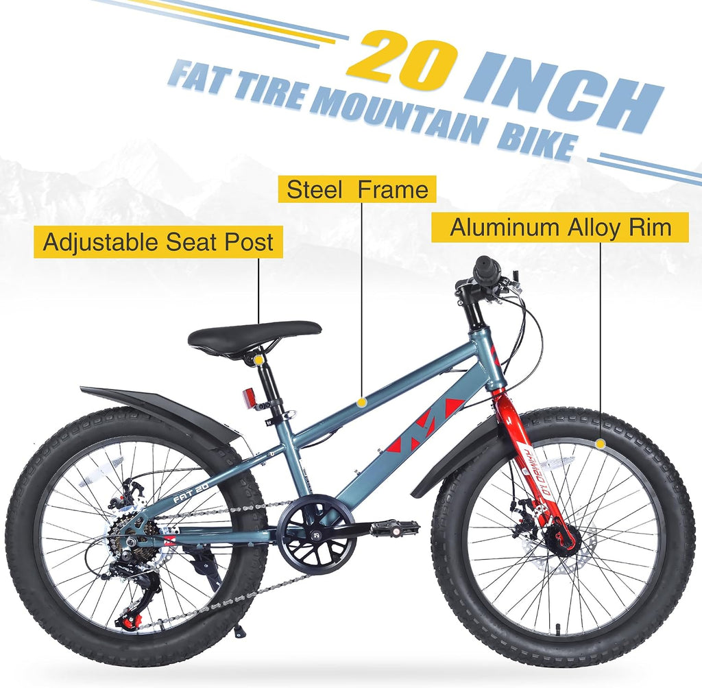 Mountain Bike 20/24 Inch, 3' Wide Fat Tire Snow Mountain Bikes, 7 Speeds Kids Teen Student Bicycles,Steel Frame Disc Brake，3 Colors