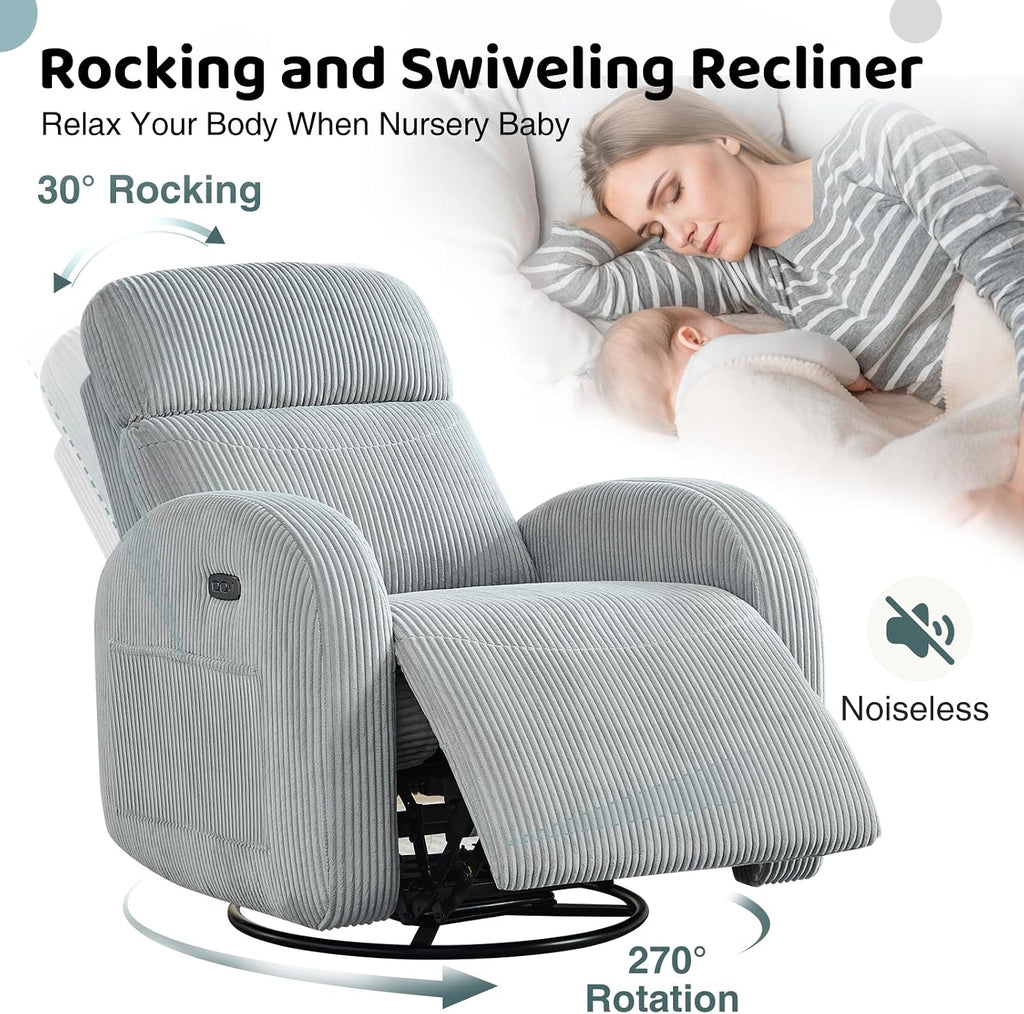 Power Nursery Glider Recliner, Swivel Glider Recliner with USB & Type-C Port, Swivel Reclining Nursery Rocker with Double Pockets for Living Room, Grey,Corduroy