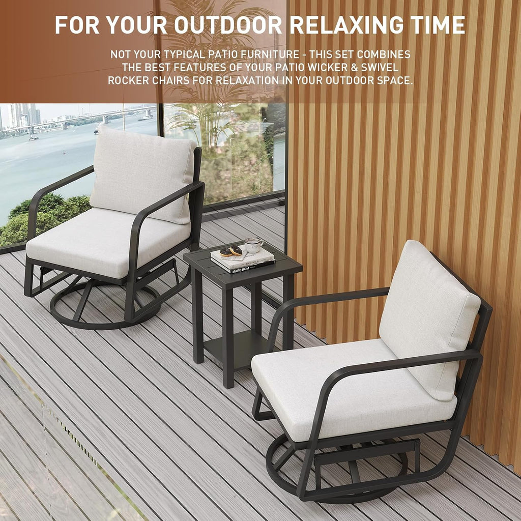 Patio Chairs Swivel Rocker Sets: 3Pieces Aluminum Alloy Ensemble 360° Swivel Rocking Chairs, Rust-Resistant Frame Cushions -Perfect for Backyard, Deck, Porch, and Balcony Decoration(2Swivels+1Table)
