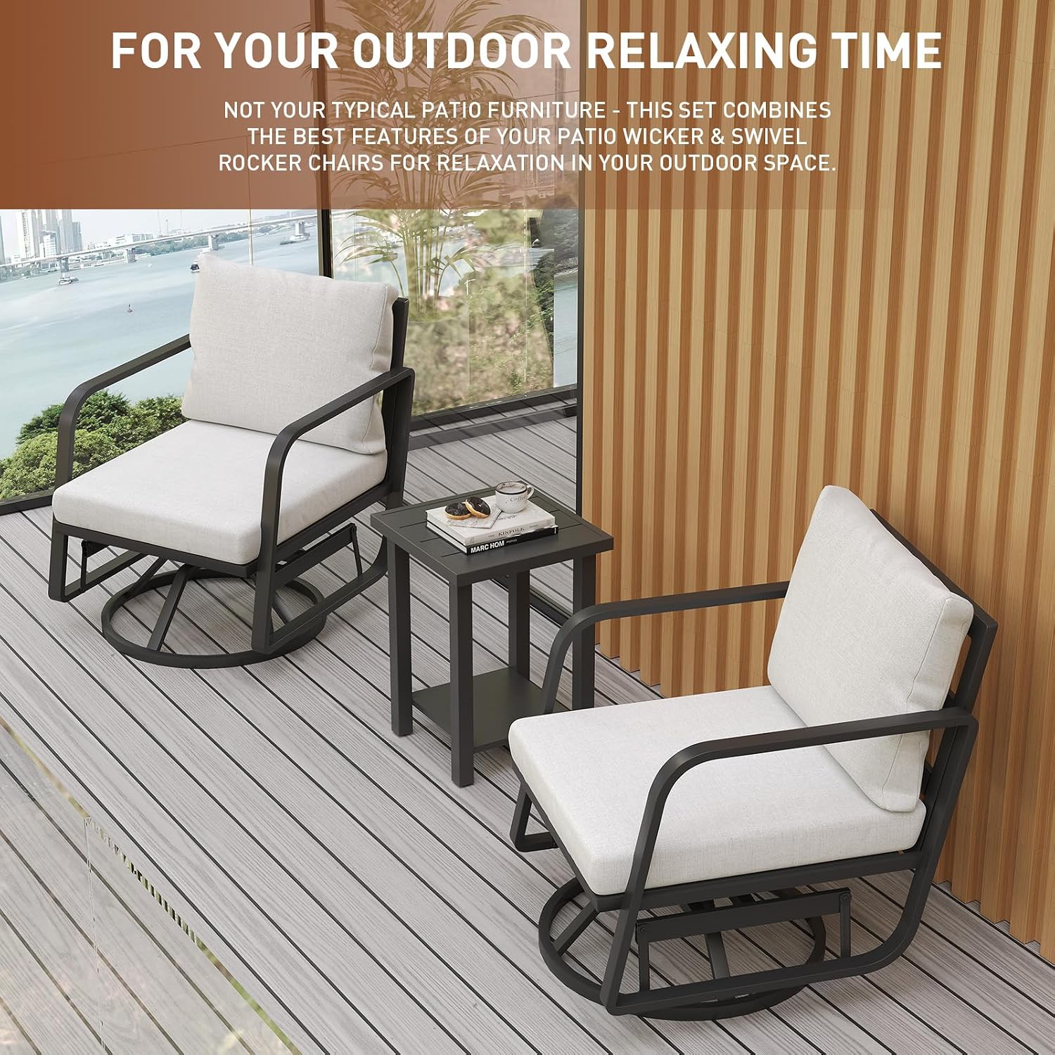 Patio Chairs Swivel Rocker Sets: 3Pieces Aluminum Alloy Ensemble 360° Swivel Rocking Chairs, Rust-Resistant Frame Cushions -Perfect for Backyard, Deck, Porch, and Balcony Decoration(2Swivels+1Table)