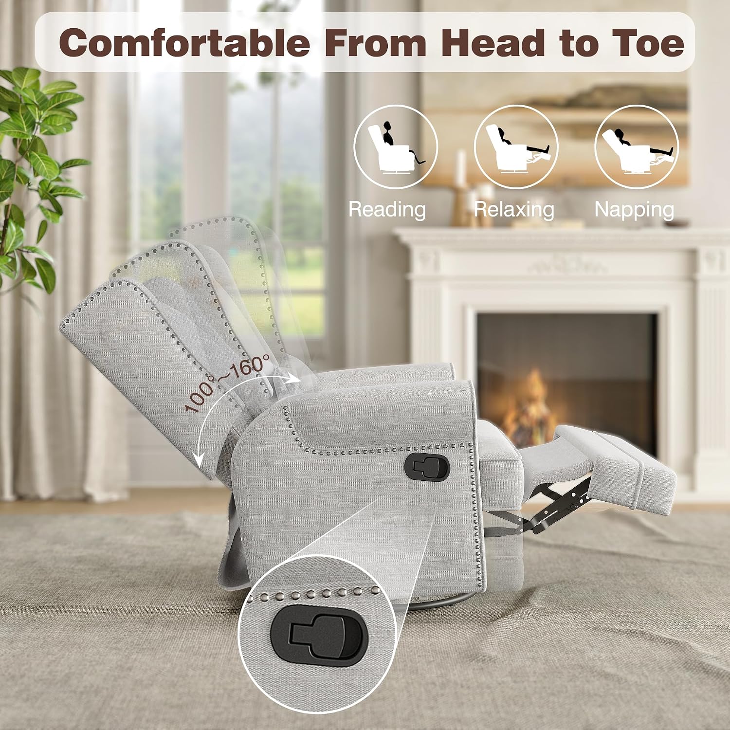 May in Color Swivel Recliner Chair with Extra Large Footrest, Comfy Upholstered Glider Rocking Chair for Living Room, Bedroom and Ofice, Grey
