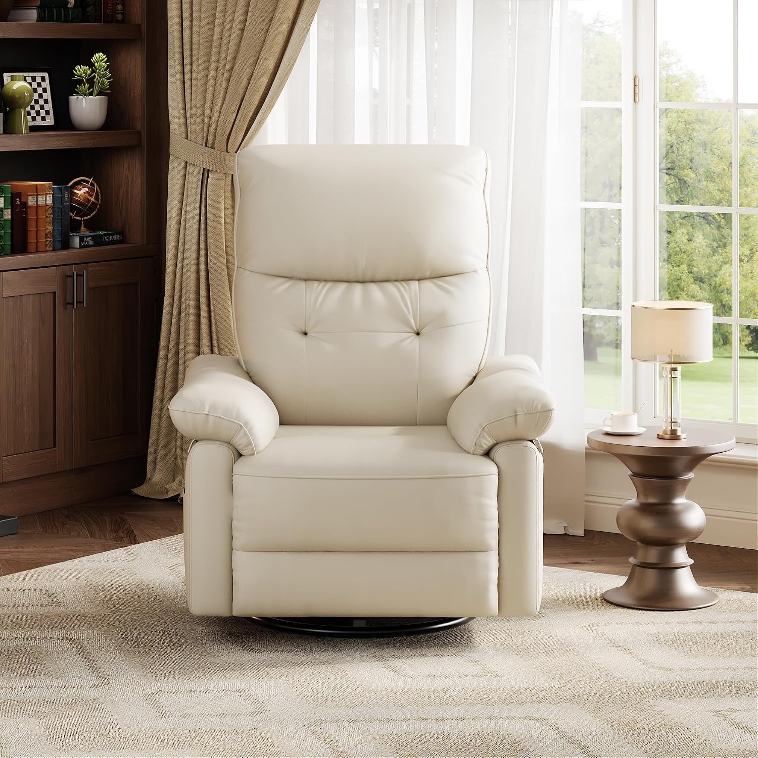 Power Recliner Chair, 270° Swivel Rocking Glider with USB Charging Port, PU Leather Upholstered Fabric and Button Tufted Backrest, Ergonomic Nursery Chair for Living Room (Cream)