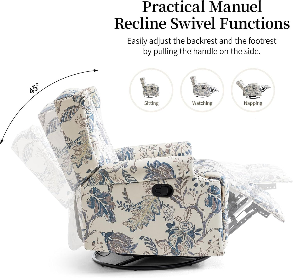Lumibee Recliner Chair, 360° Swivel Rocker Recliner Chair with Footrest High Back, Comfy Upholstered Glider Rocking Chair for Living Room Bedroom (Plants Blue)