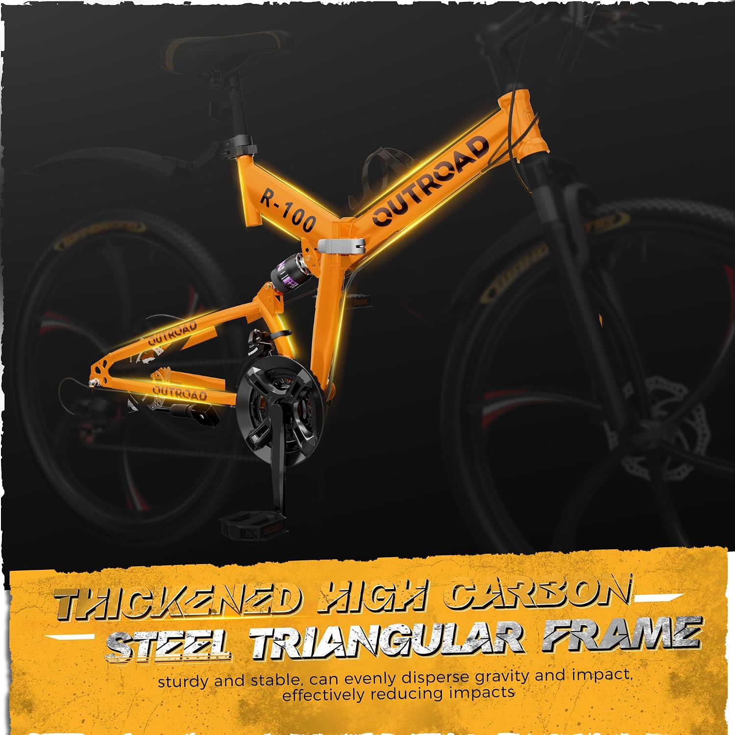 26 Inch Adult Folding Bikes/Mountain Bikes, 21 Speeds Mountain Bicycles with Full Suspension, Dual Disc Brake, High Carbon Steel Frame, Foldable Bike for Men/Women/Teen, Multiple Colors