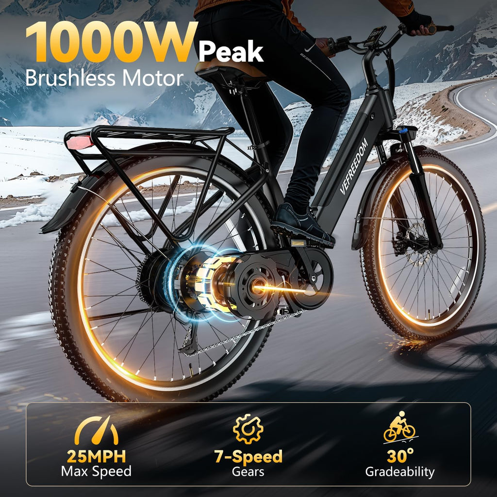 Electric Bike for Adults 1000W 1500W Peak Motor 15AH 20AH Removable Battery 70Miles 80Miles UL 2849 Certified Electric Commuter Bike Front Suspension Ebike