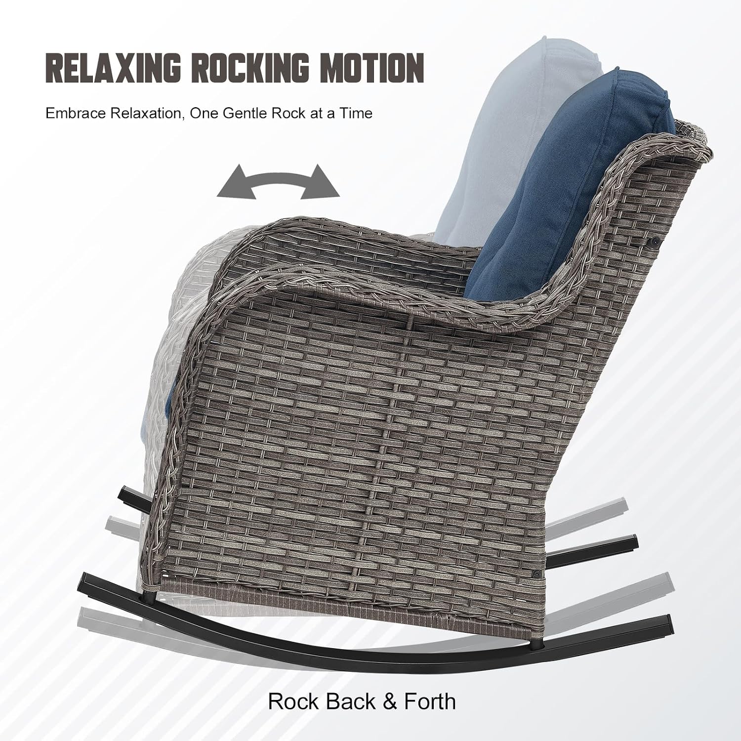 Patio Rocking Chairs Set of 2, Outdoor Gliders Patio Rockers, Wicker Outdoor Rocking Chairs for Porch, Deck, Yard, Sunroom, Garden, Grey Wicker/Blue Cushions