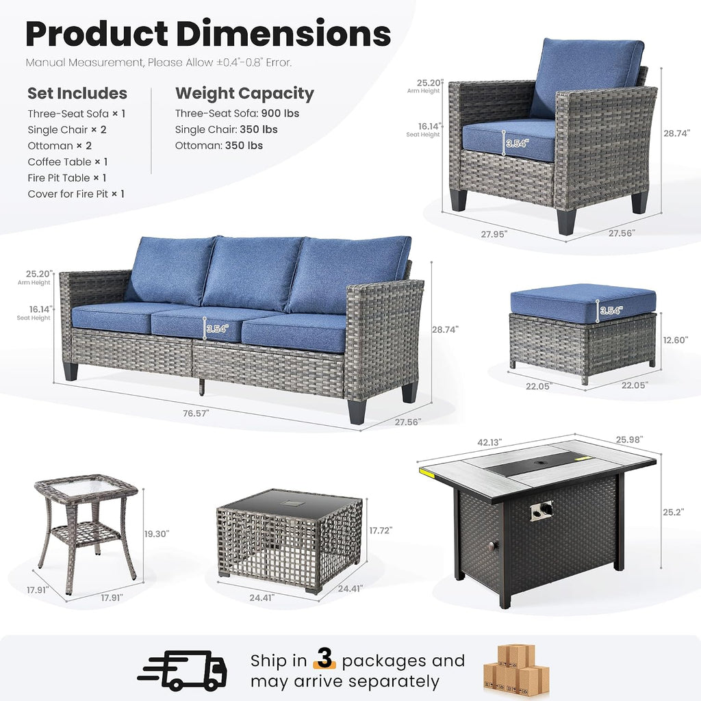 ovios 7 Pieces Patio Furniture Set with 42' Fire Pit Table, Outdoor Sofa Couch with Solar Lights Table Comfy Cushions, Modern Deep Seat Wicker Rattan Conversation Set, Denim Blue