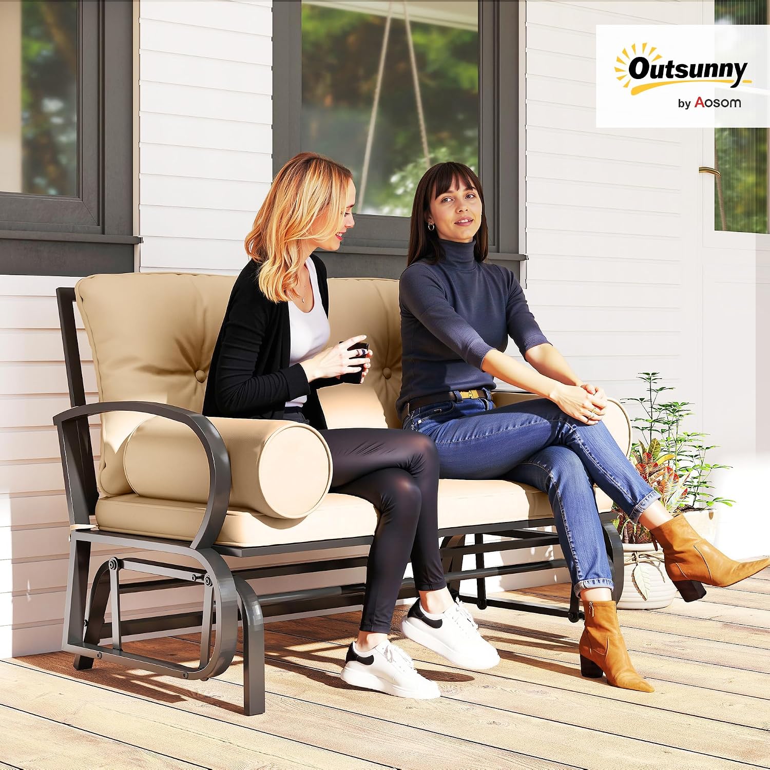 Outsunny Swing Glider Rocking Chair, Double Patio Bench, 2 Person Loveseat with Steel Frame, Cushions, Pillow Armrests, Khaki