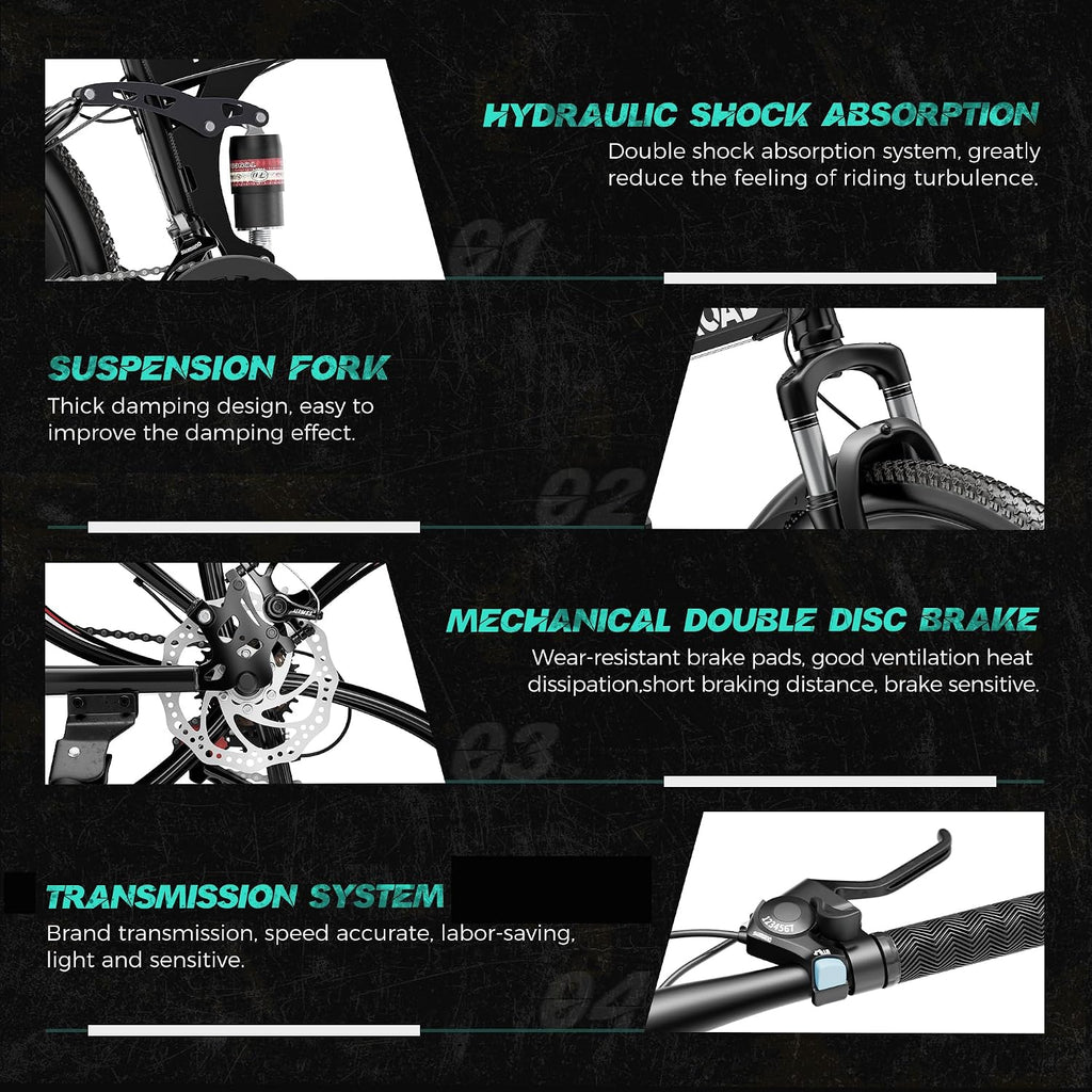 Outroad 26 Inch Folding Mountain Bike, 21 Speed Full Suspension High-Carbon Steel MTB Foldable Bicycle, Dual Disc Brake Adjustable Seat and Non-Slip Folding Bikes for Adults/Women/Men,Black