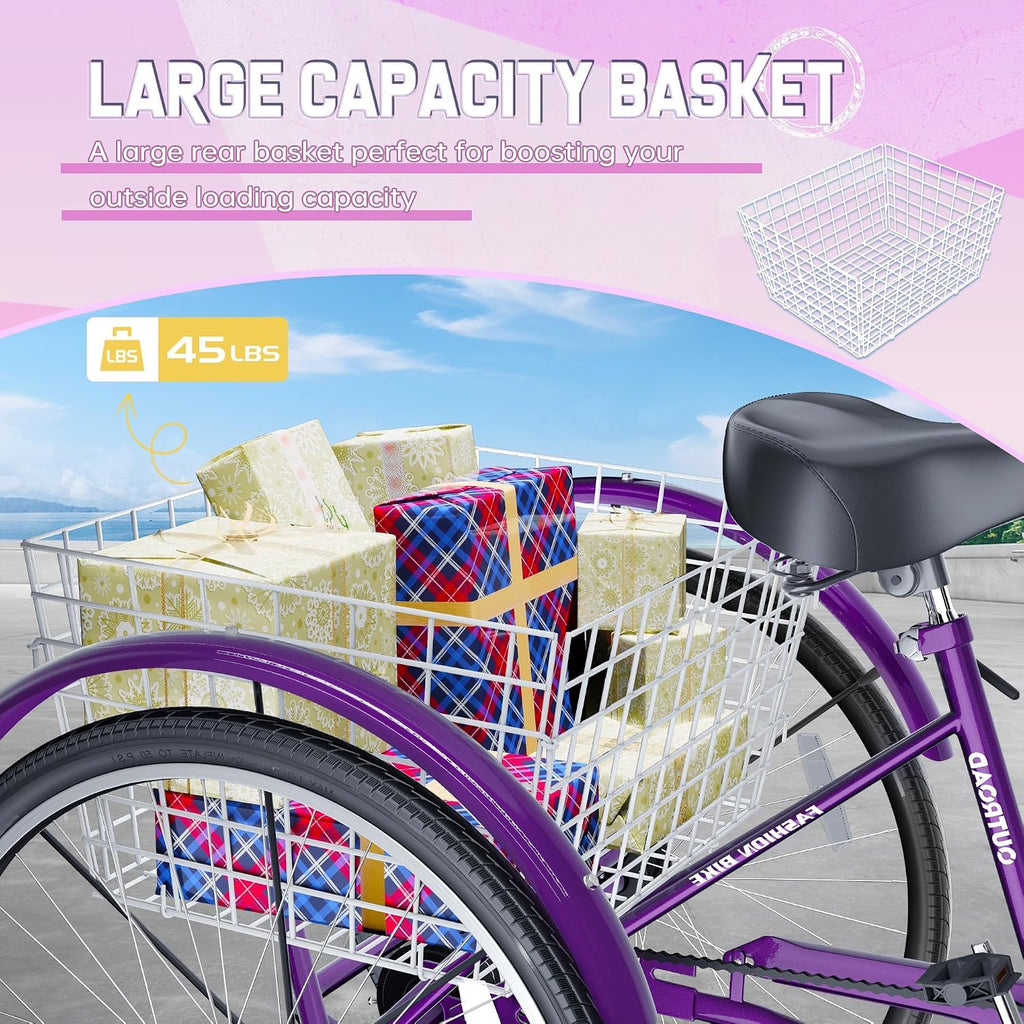 Single Speed Adult Tricycle, 3 Wheel Bikes with Large Basket, Cruiser Bike for Women/Men/Seniors, Adult Trike for Outdoor/Shopping/Recreation/Picnic(26Inch Purple)