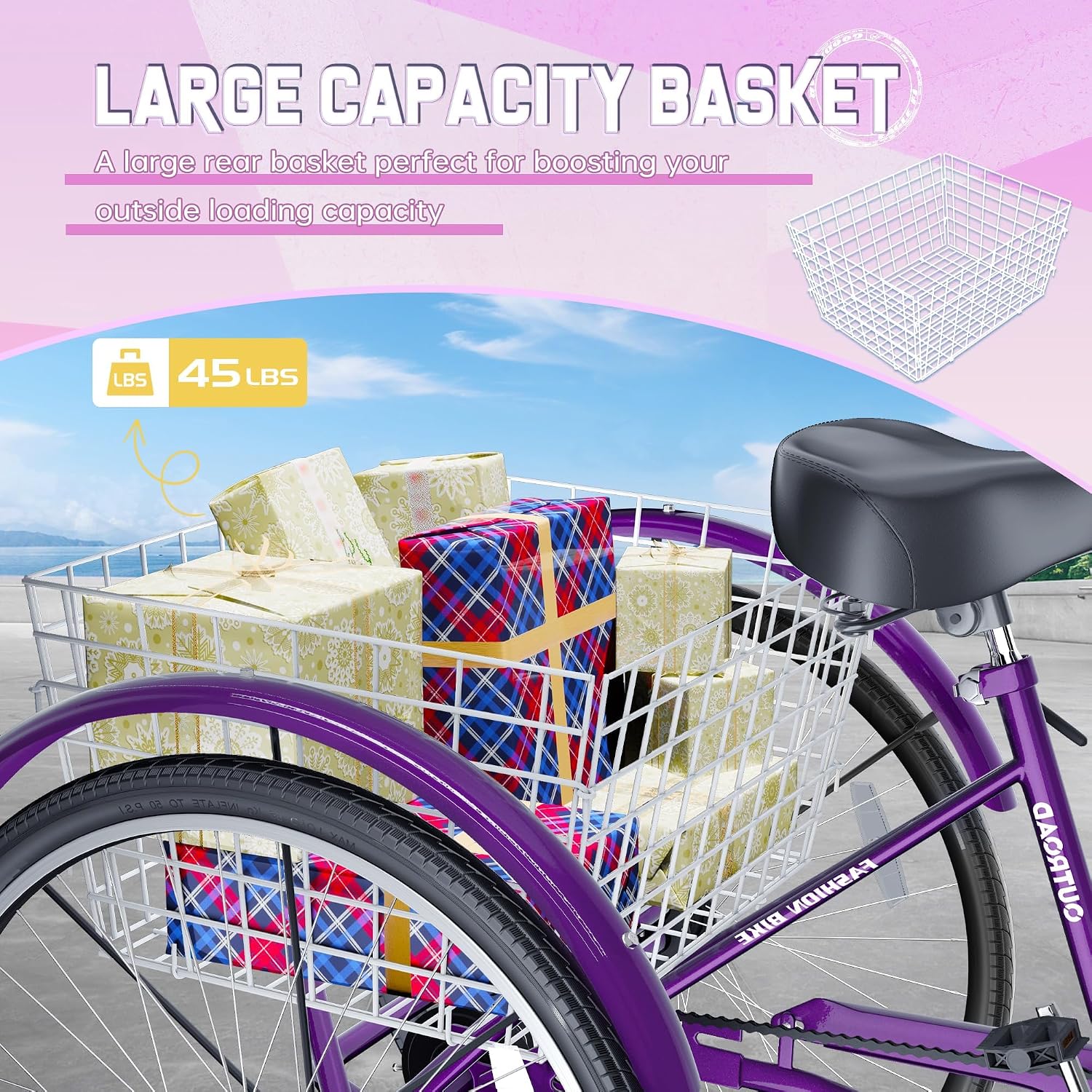 Single Speed Adult Tricycle, 3 Wheel Bikes with Large Basket, Cruiser Bike for Women/Men/Seniors, Adult Trike for Outdoor/Shopping/Recreation/Picnic(26Inch Purple)