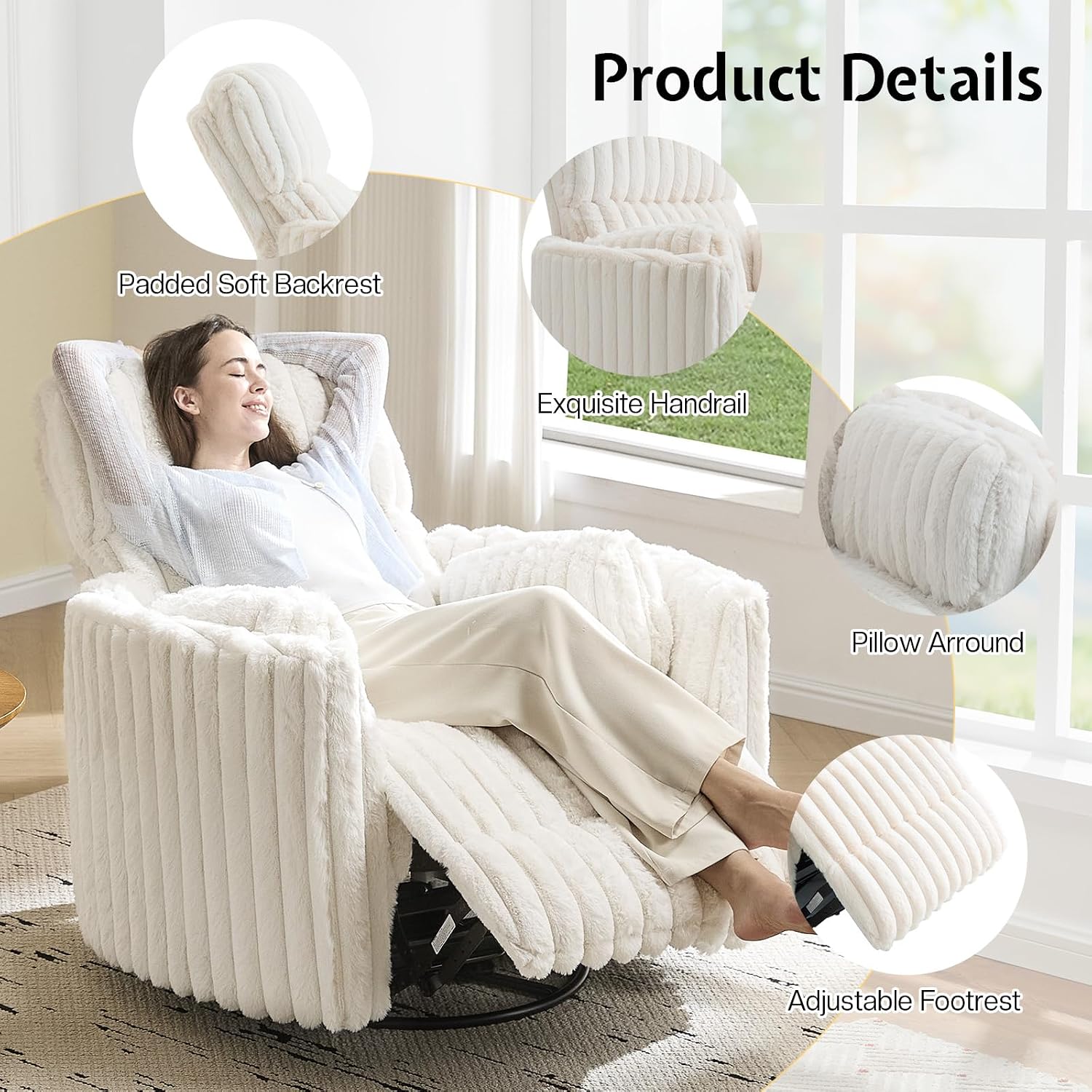 Jocisland Power Recliner Nursery Chair for Adults, Electric Swivel Rocking Glider with USB & Type-C Charge, Plush Corduroy Armchair with 2 Pillows, Cozy Reclining Sofa for Living Room, Bedroom, Cream