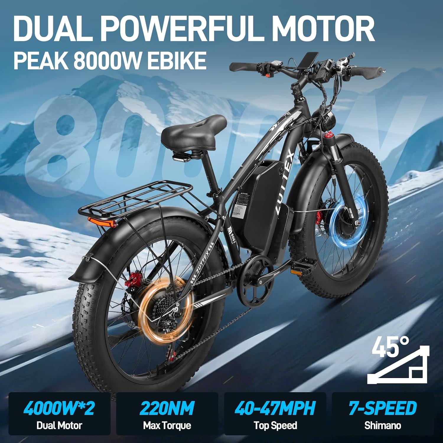 Dual Motor Ebike 8000W Peak for Adults - 58V Max-Output 36AH Battery 24 Inch Fat Tire Electric Bike LCD Display Fast 47MPH 105 Miles Range for Hunting Fishing