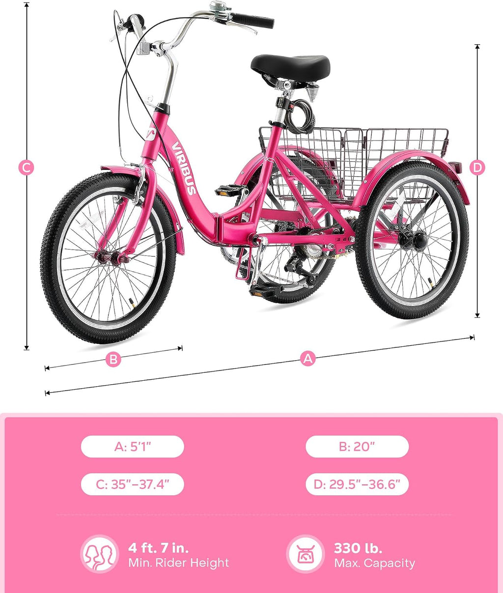 VIRIBUS Folding Tricycle for Adults, 20 inch Foldable Adult Tricycle 1 or 7 Speed Speed with Basket, Folding 3 Wheel Bikes for Adults Senior Women Men, Collapsible Mini Trike, Three Wheeler 330lb.
