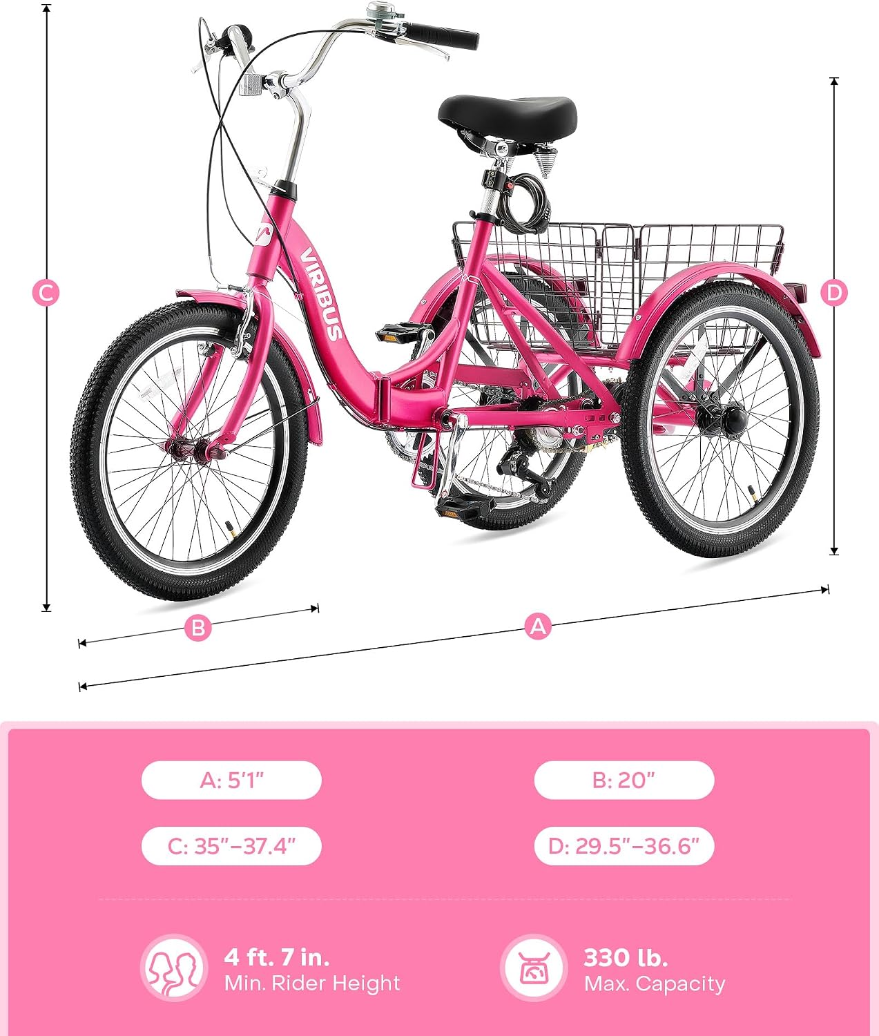VIRIBUS Folding Tricycle for Adults, 20 inch Foldable Adult Tricycle 1 or 7 Speed Speed with Basket, Folding 3 Wheel Bikes for Adults Senior Women Men, Collapsible Mini Trike, Three Wheeler 330lb.