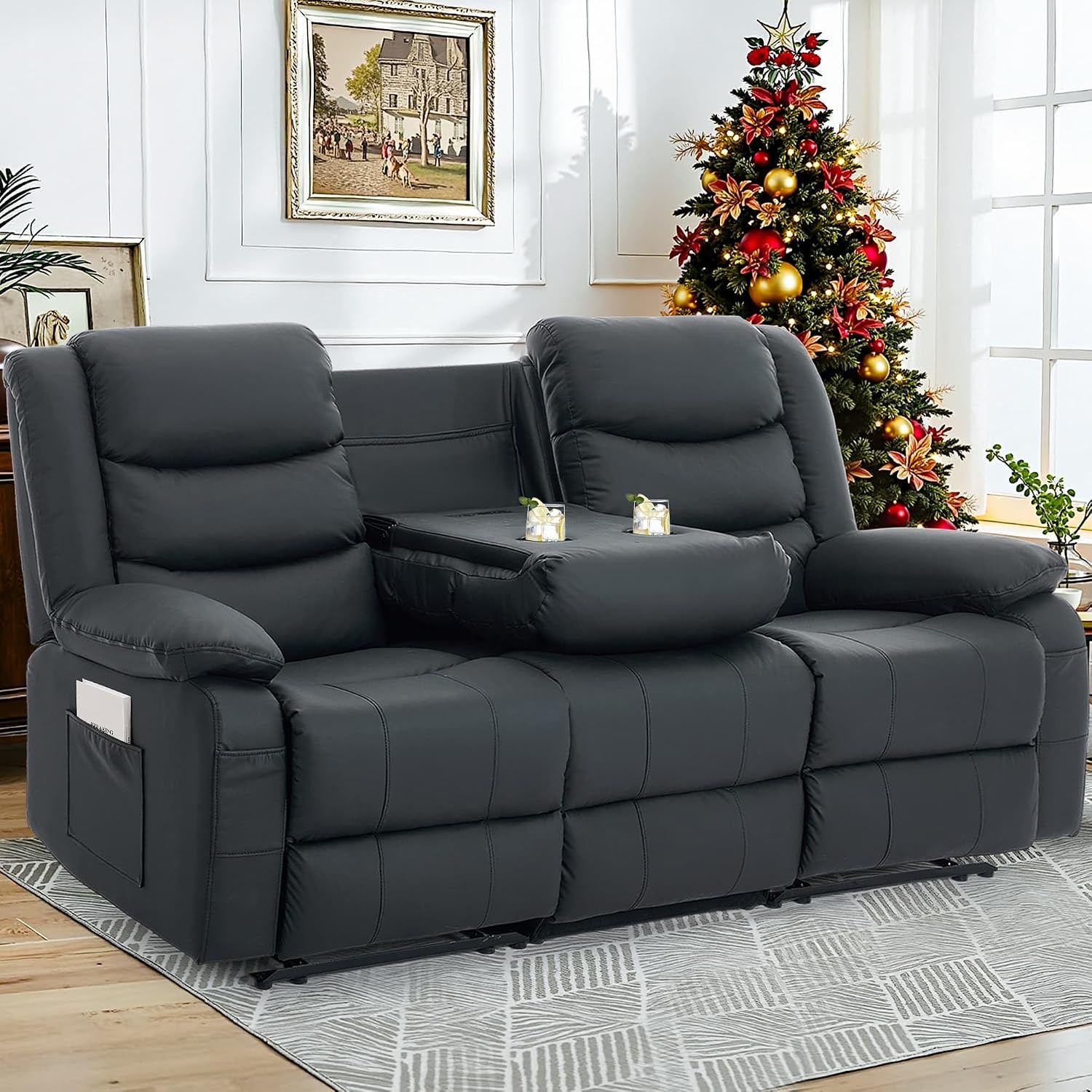 Korser Recliner Sofa, Reclining Loveseat with Console, Oversized Reclining Couch with Drop Down Table, 3-Seater Sofa with Cup Holder and Recessed Power Strip, Black
