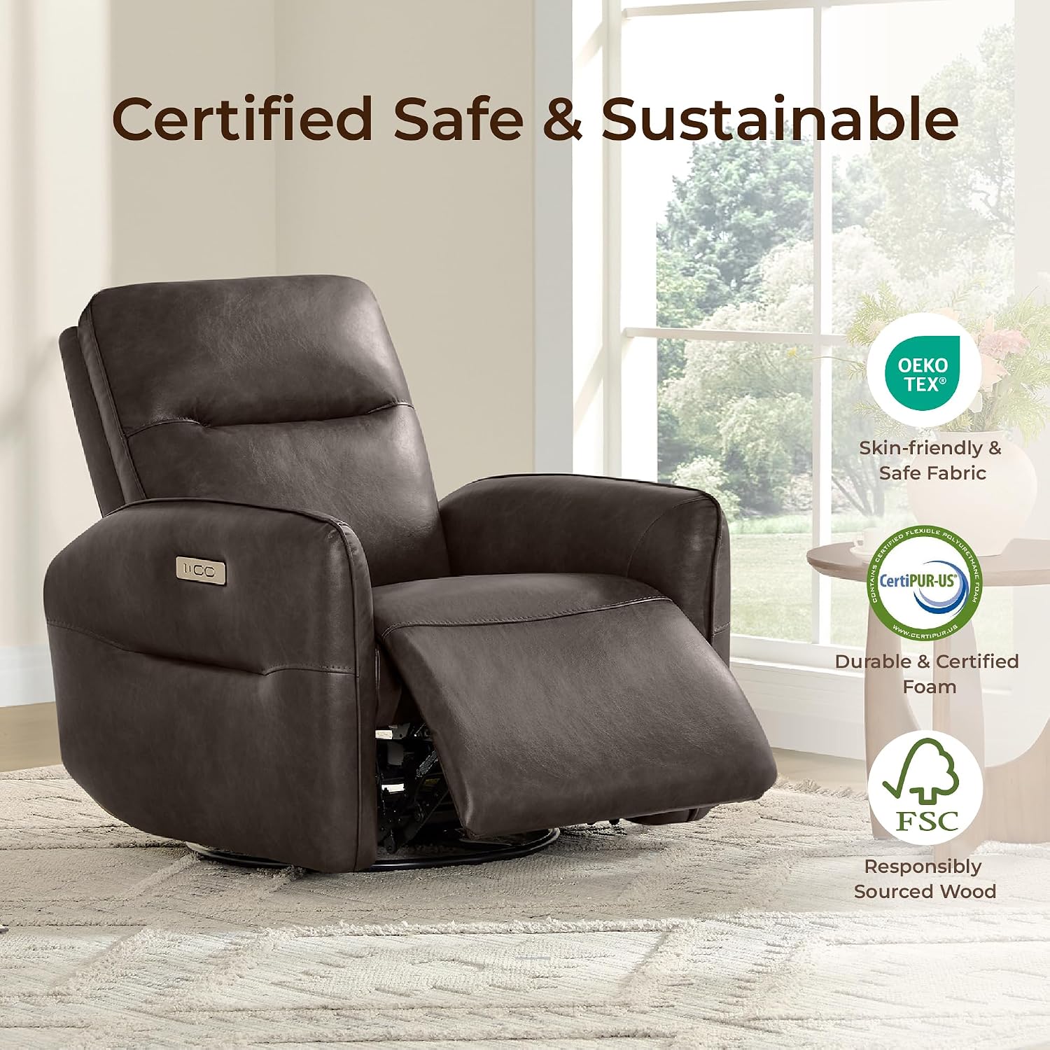 CHITA Power Recliner Chair, Faux Leather Swivel Glider for Adults, Electric Nursery Rocking Chair with USB & Type-C Charging for Living Room, Bedroom, Chocolate Brown