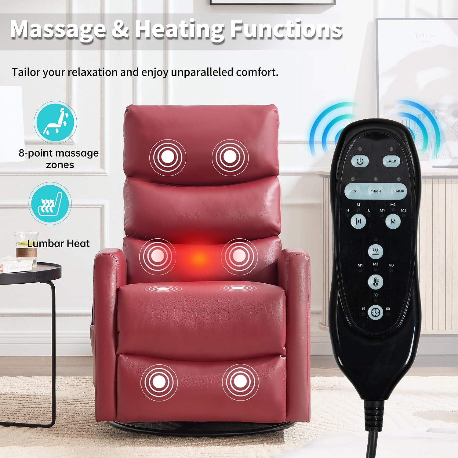 Manual Swivel Rocker Recliner Chair for Adults, Overstuffed Reclining Glider Chair for Nursing with Vibration Massage & Heat, Living Room Rocking Recliner 3-Stage backrest, Faux Leather Red