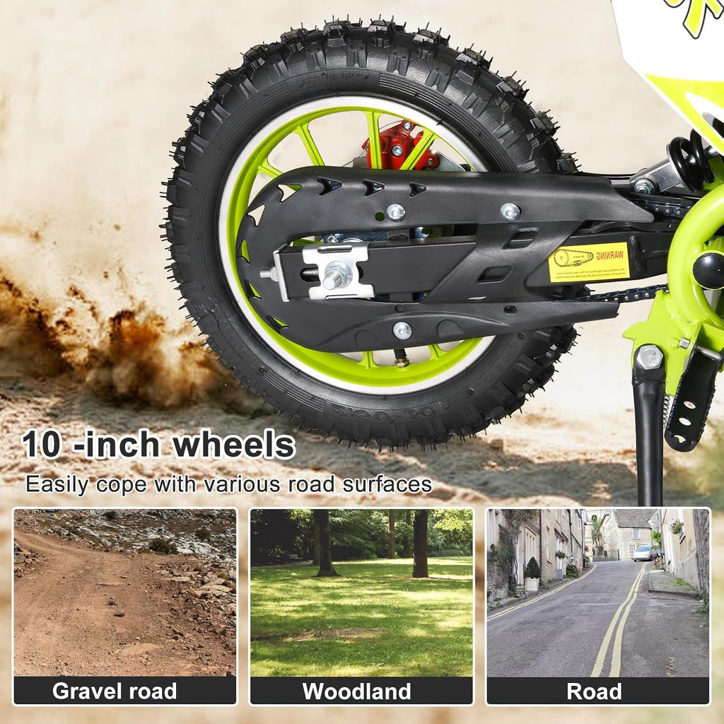 50cc Kids Dirt Bike, 2-Stroke Gas Power Dirt Bike Off Road Motocross Gas Dirt Bike with Front Rear Disc Brakes for Beginner Motocross Bikes for Kids 8-12 Max 30KM/H 150KG Load Green