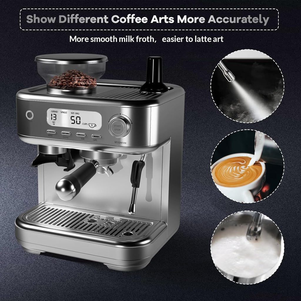 GarveeLife Espresso Machine with Grinder, Professional Coffee and Espresso Maker Combo, Stainless Steel Cafe Espresso Machine with Steam Wand Barista Kit for Cappuccino Latte