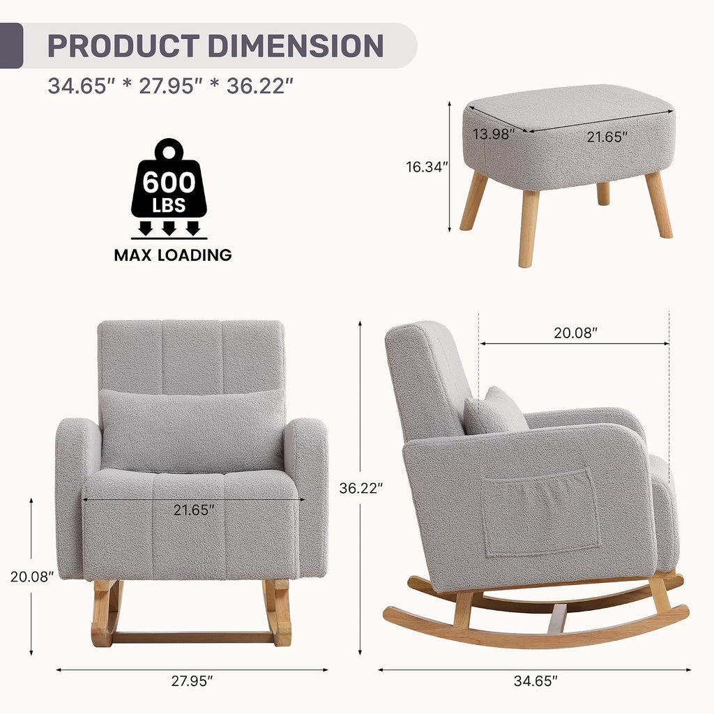 HCHAIRH Rocking Chair with Ottoman, Nursing Glider Rocker with High Backrest and Side Pocket, Comfy Reading Chair with Solid Wood Legs for Nursery/Living Room/Bedroom Light Grey