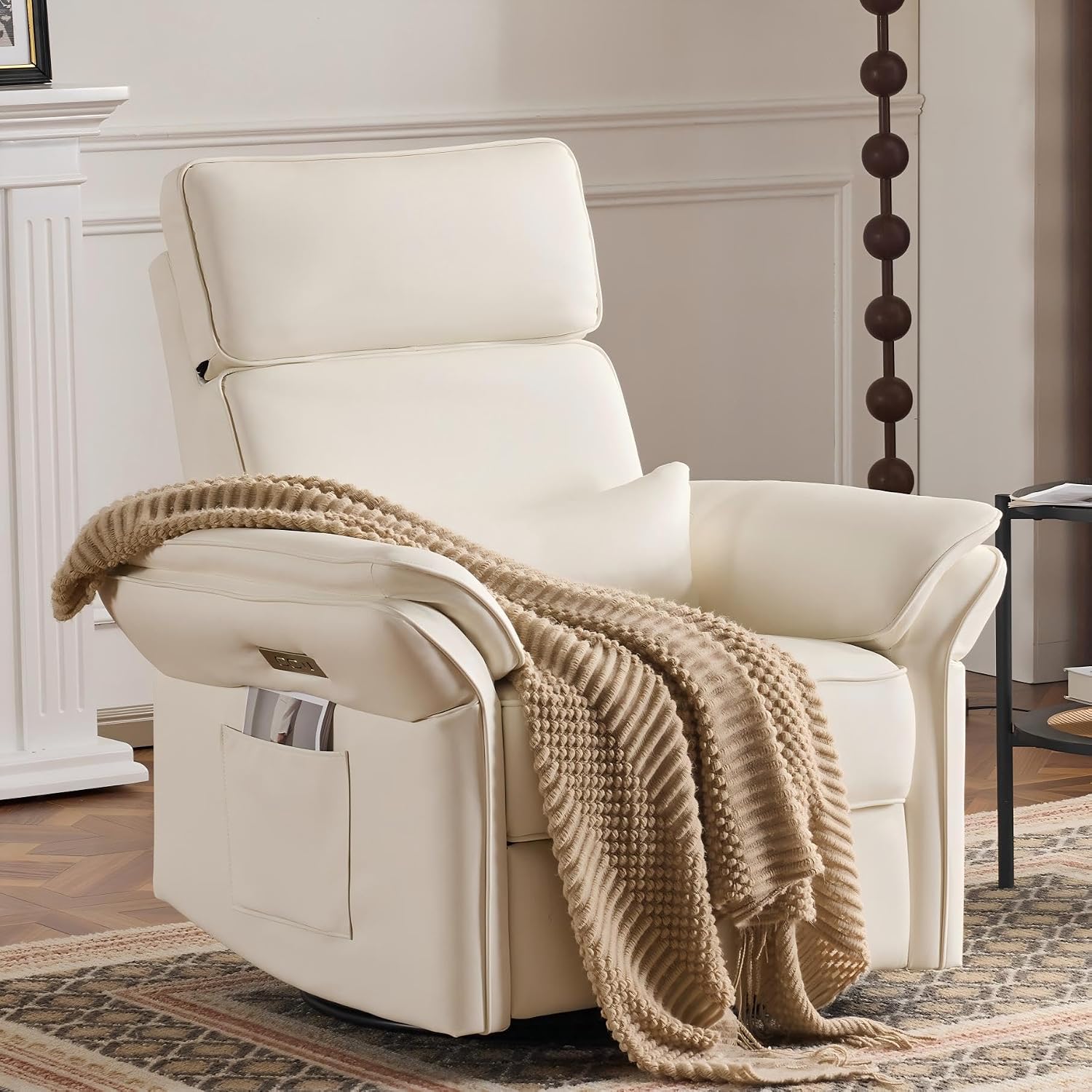 MELLCOM Power Recliner Rocking Chair Nursery Gliders with Adjustable Armrests and Headrest, Swivel Electric Glider Reclining Nursing Chair with Storage Bags and USB Port, FSC Certified(Beige Leather)