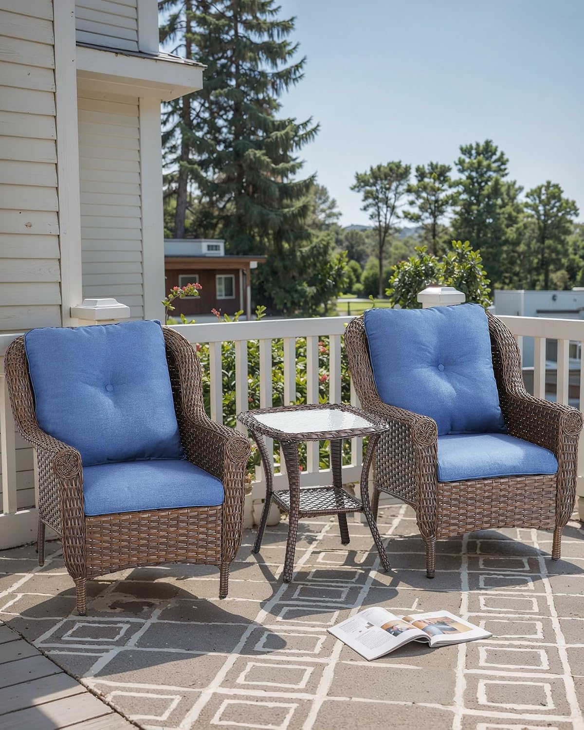3 Piece Patio Brown Wicker Chairs with Side Table - Outdoor High Back Heavy Duty All-Weather Lawn Dining Rattan Chair Conversation Bistro Set for Deck Porch Balcony Backyard Garden - Navy Blue
