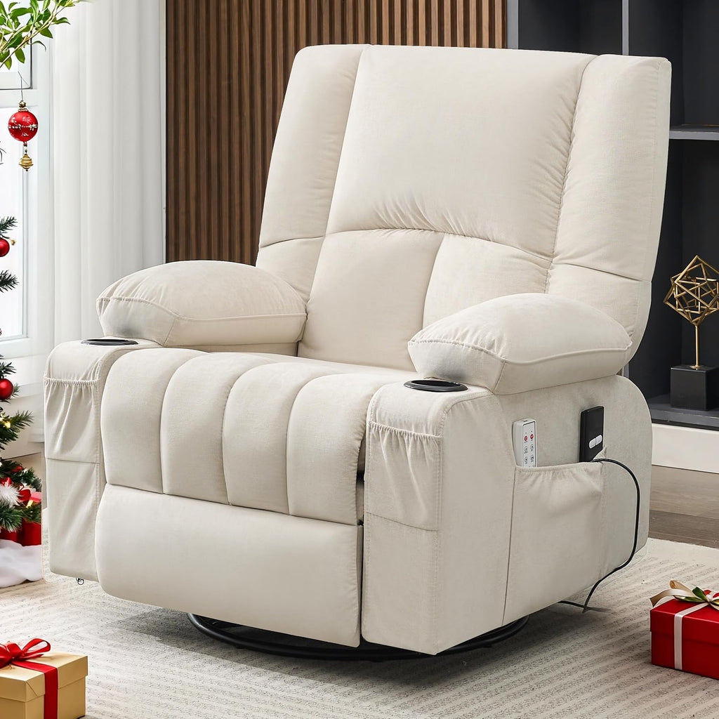 Oversized Recliner Chairs for Adults, Swivel Rocker Recliner with Heat and Massage Lazy Boy Recliner, Recliner Chairs Single Sofa Seat with Cup Holders (Beige, Electric)