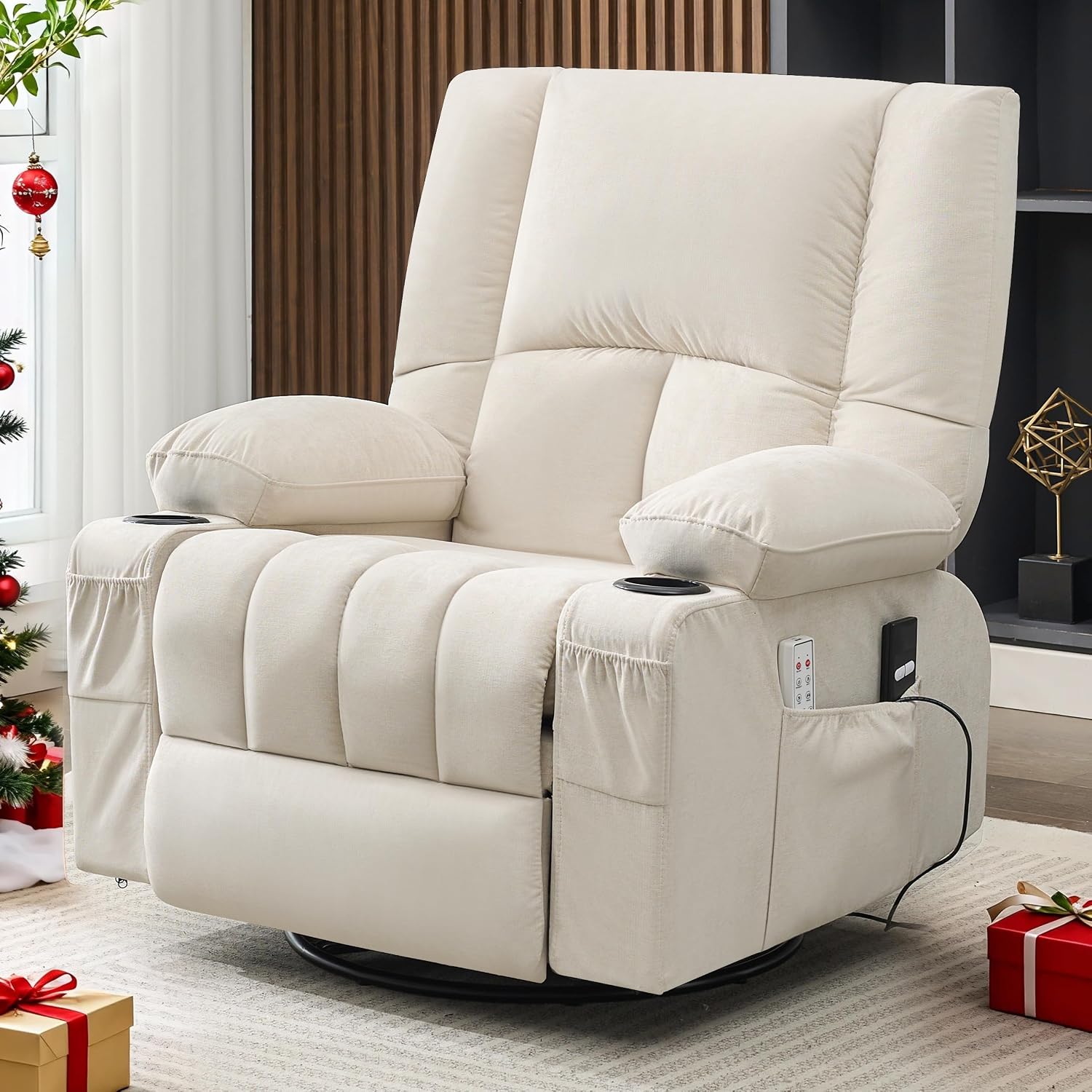 Oversized Recliner Chairs for Adults, Swivel Rocker Recliner with Heat and Massage Lazy Boy Recliner, Recliner Chairs Single Sofa Seat with Cup Holders (Beige, Electric)