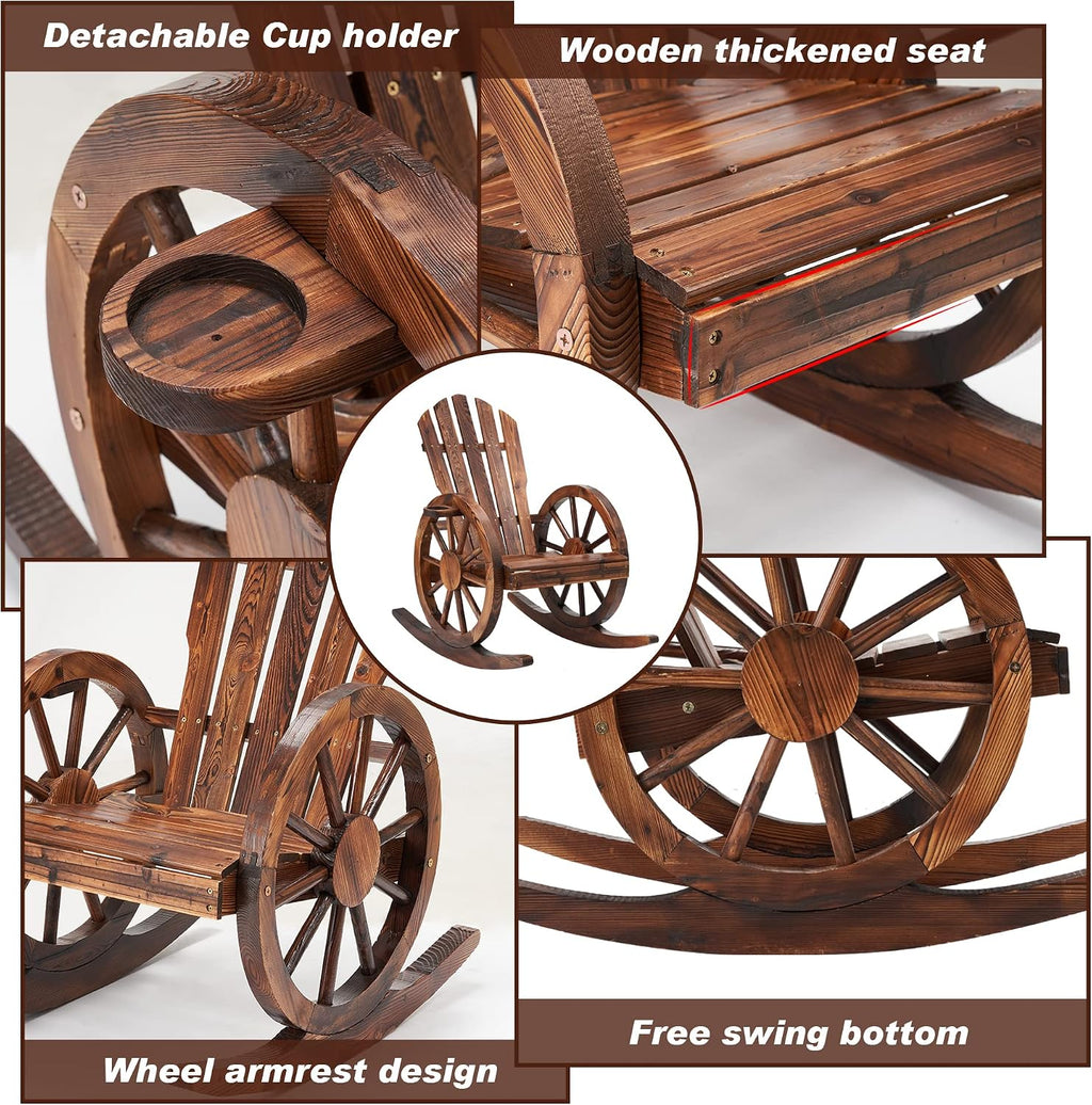 AHB Outdoor Wooden Rocking Chairs Set, Wagon Wheel Armrest Yard Glider Patio Chair with Small Table for Coffee Break, Adirondack Rocking Chair for Summer Lawn Garden Balcony, Brown (3 PCS)