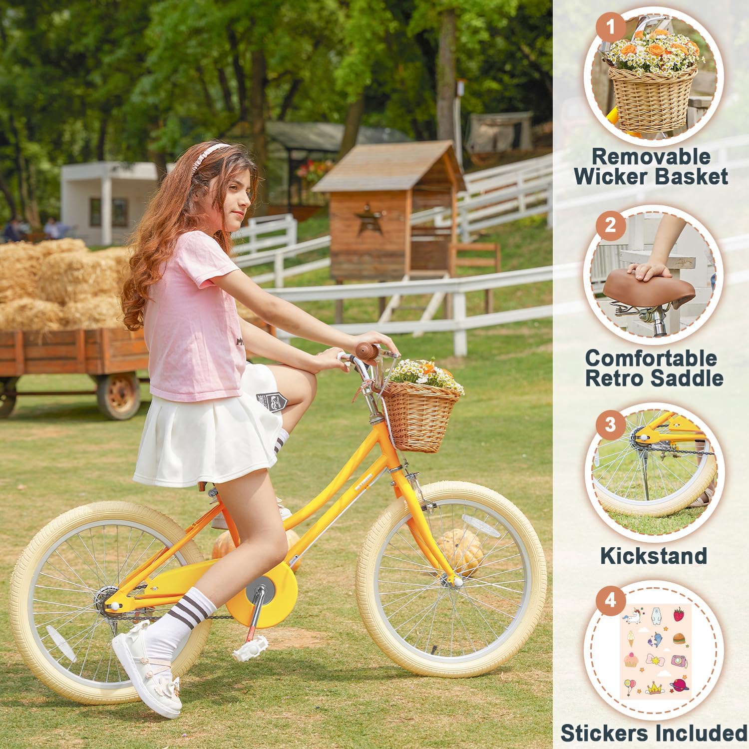 Petimini Vintage Kids Bike for Girls, 12–20 Inch Classic Bicycle with Wicker Basket & Bell, High Tensile Steel Frame, Training Wheels (12–18'), 85% Pre-Assembled, Retro Bike for Outdoor Riding