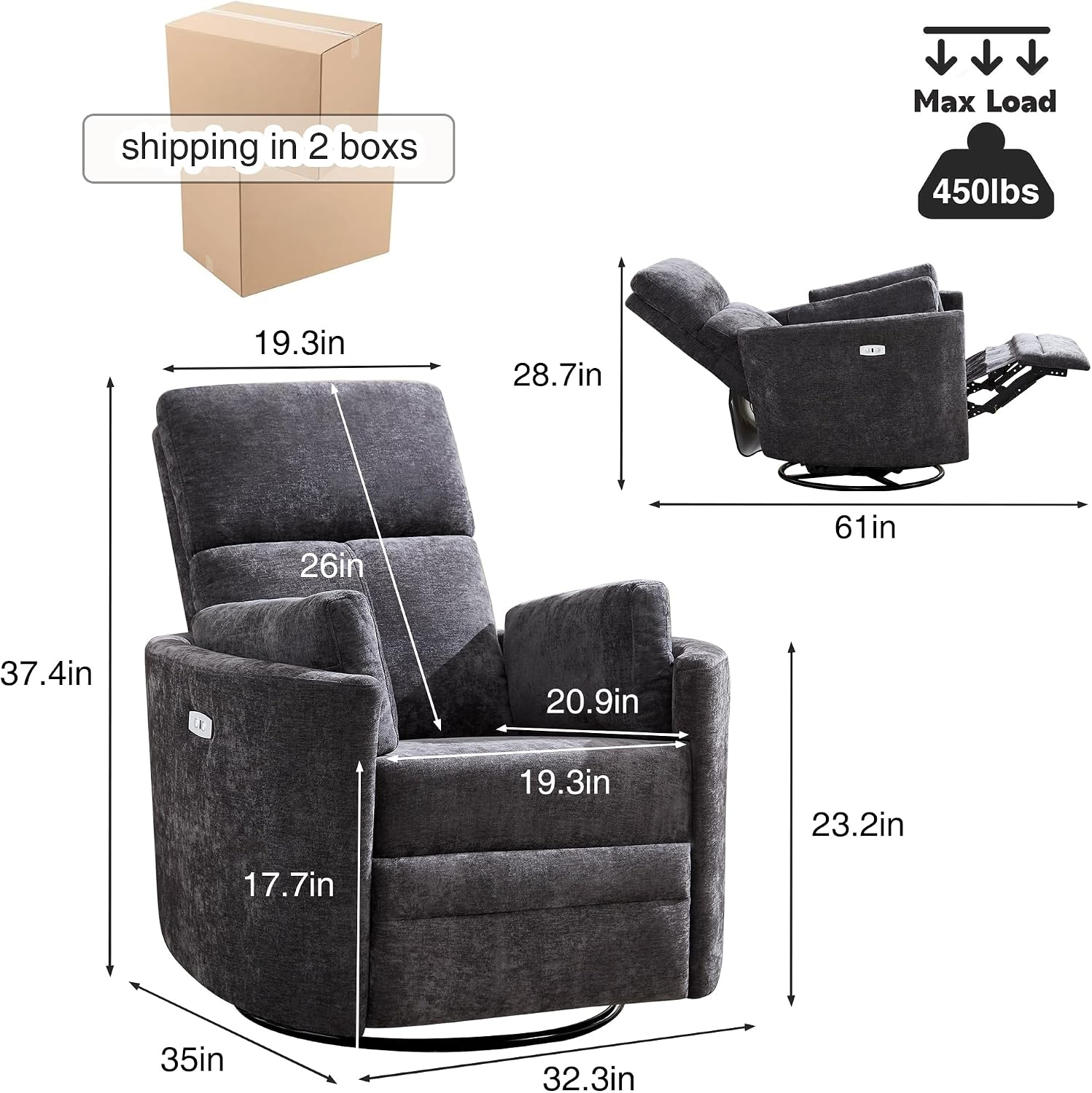 Power Recliner,Nursery Swivel Rocking Glider Chair with USB Port,Electric Upholstered Adult Recliner Rocking Chair with 2 Pillows for Living Room Bedroom (Drak Grey, Power-Driven)