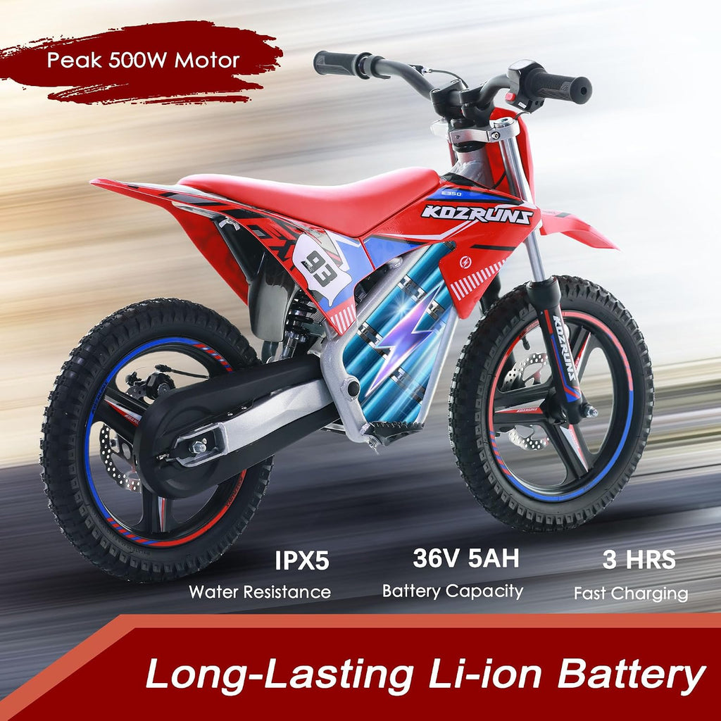 OLALA 36V Electric Dirt Bike for Kids 4-8, 350W Brushless Motor with 3-Speed Control, 18.6 MPH Max Speed, 14' Off-Road Tires Motorcycle, for Boys & Girls, Red