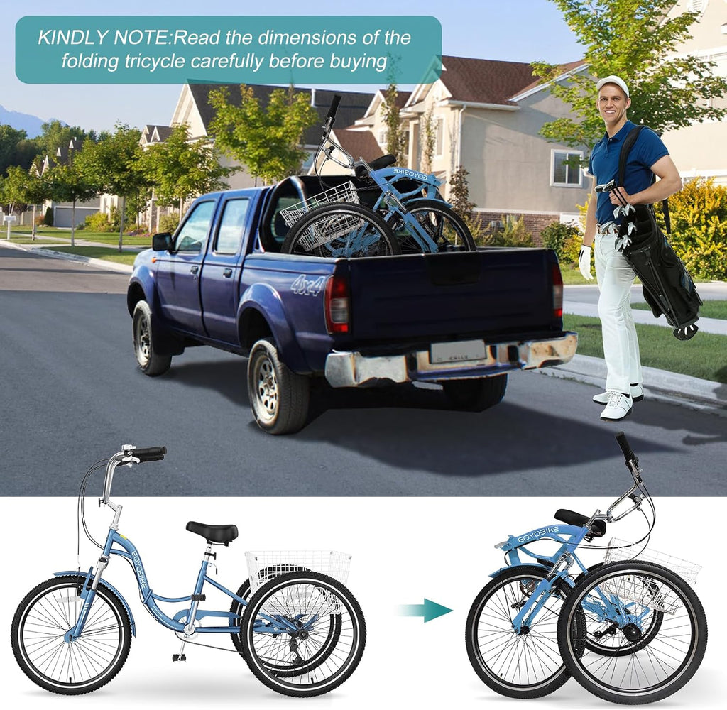 MOPHOTO Adult Folding Tricycle, 7-Speed 3 Wheel Bike for Adults, Seniors, Women & Men, 20/24/26 Inch Low Step-Through Trike with Large Rear Cargo Basket, Adjustable Seat, Space-Saving Cruiser Bicycle