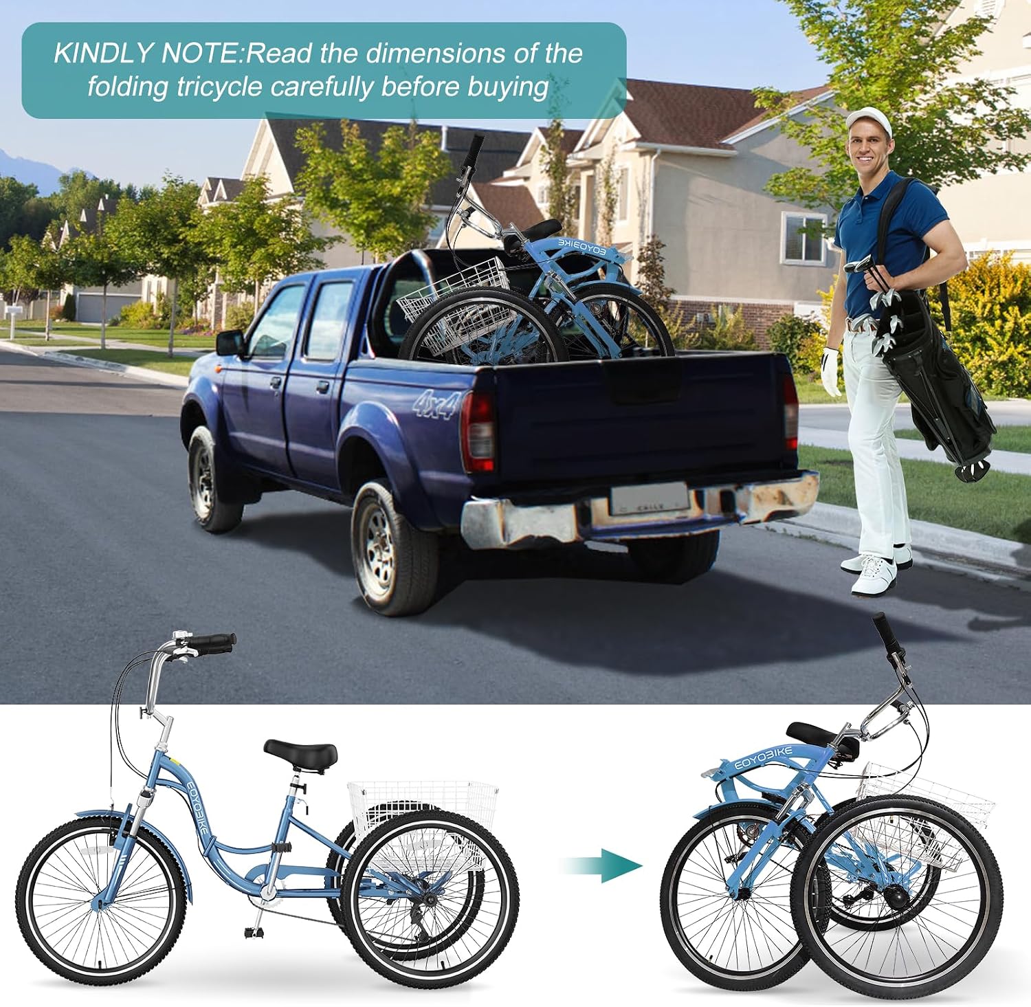 MOPHOTO Adult Folding Tricycle, 7-Speed 3 Wheel Bike for Adults, Seniors, Women & Men, 20/24/26 Inch Low Step-Through Trike with Large Rear Cargo Basket, Adjustable Seat, Space-Saving Cruiser Bicycle
