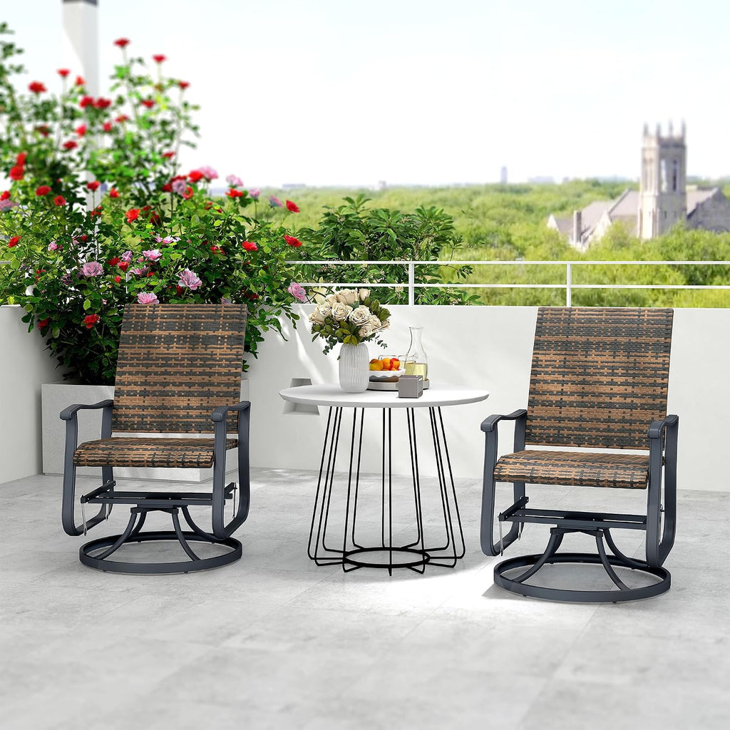 Outsunny Patio Glider Chair Set of 2, Wicker Rattan Outdoor Swivel Chair with Steel Frame, High Back, Armrests, Porch Glider with Adjustable Foot Pads for Garden, Lawn, Backyard, Brown