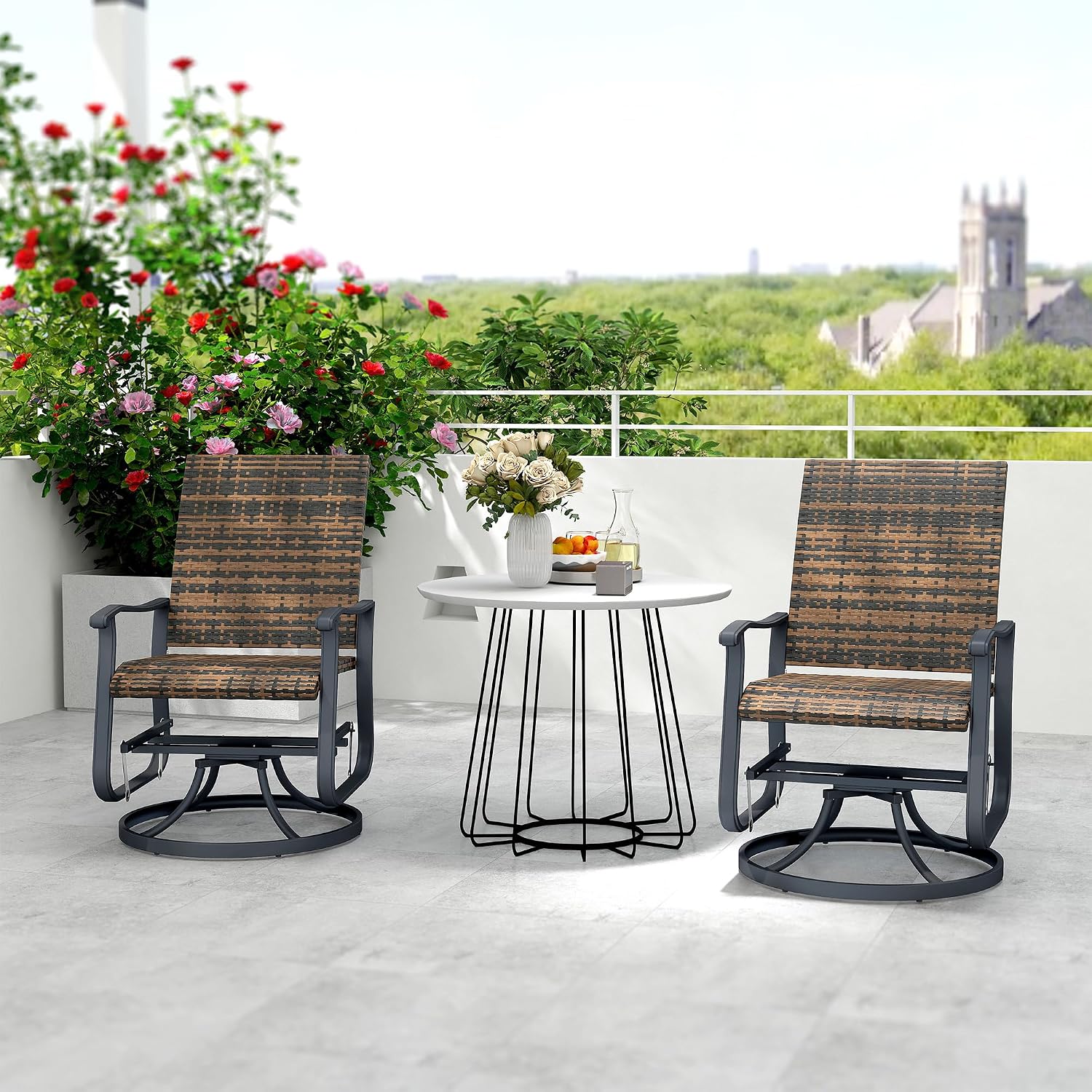 Outsunny Patio Glider Chair Set of 2, Wicker Rattan Outdoor Swivel Chair with Steel Frame, High Back, Armrests, Porch Glider with Adjustable Foot Pads for Garden, Lawn, Backyard, Brown