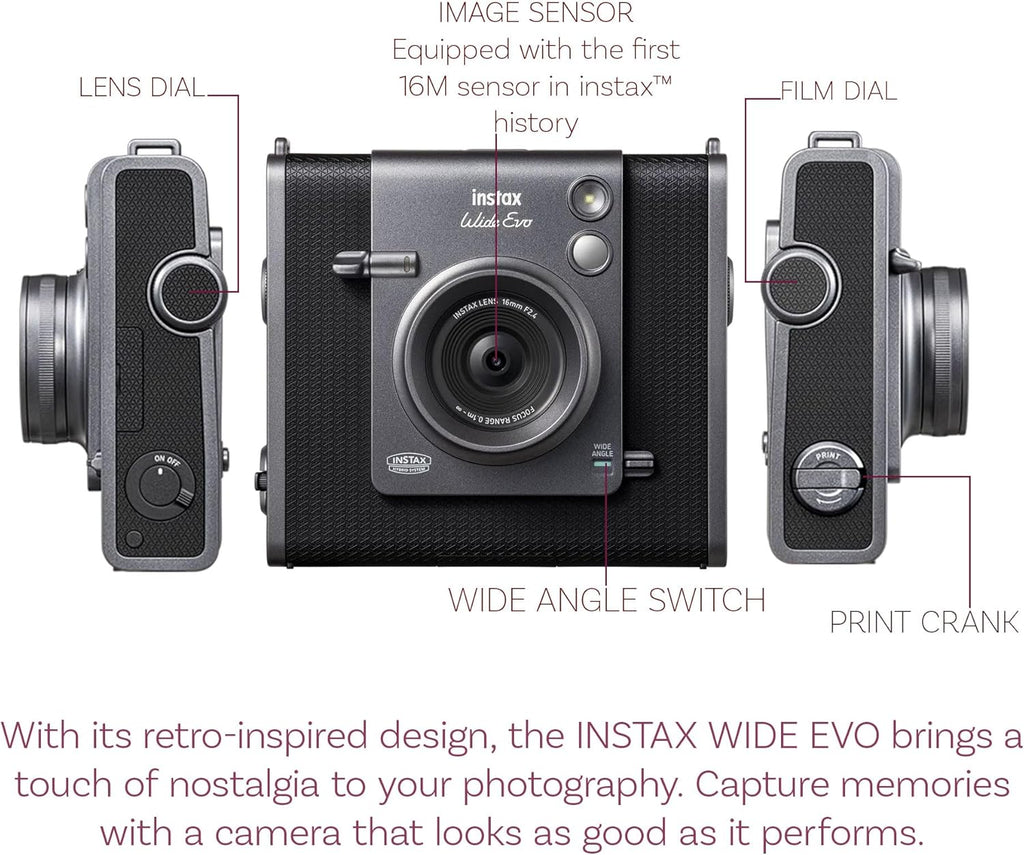 Fujifilm Instax Wide Evo Hybrid Instant Film Camera Bundle with Compatible Carrying Case + 32GB Memory Card + Cleaning Cloth + More