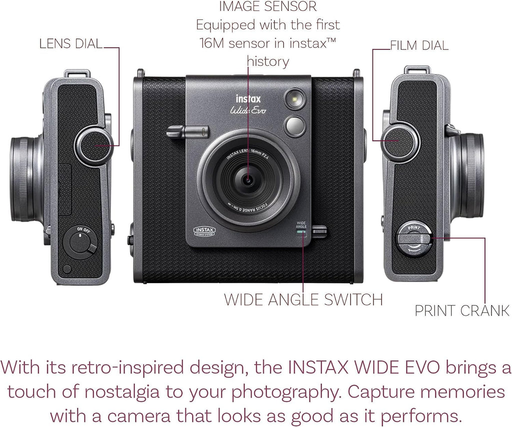 Fujifilm Instax Wide Evo Hybrid Instant Film Camera Bundle with Fuji Instax-Wide Instant Film (20 Sheets) + Compatible Carrying Case + 32GB Memory Card + More