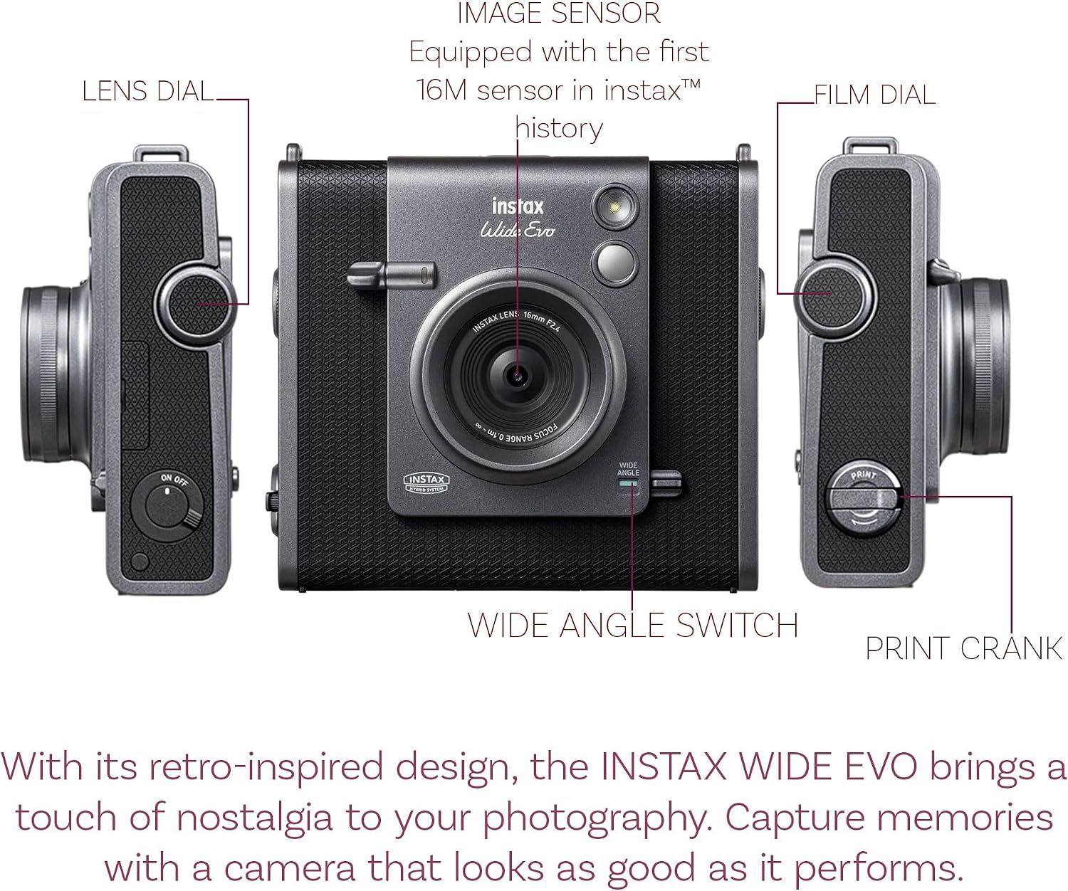 Fujifilm Instax Wide Evo Hybrid Instant Film Camera Bundle with Fuji Instax-Wide Instant Film (20 Sheets) + Compatible Carrying Case + 32GB Memory Card + More