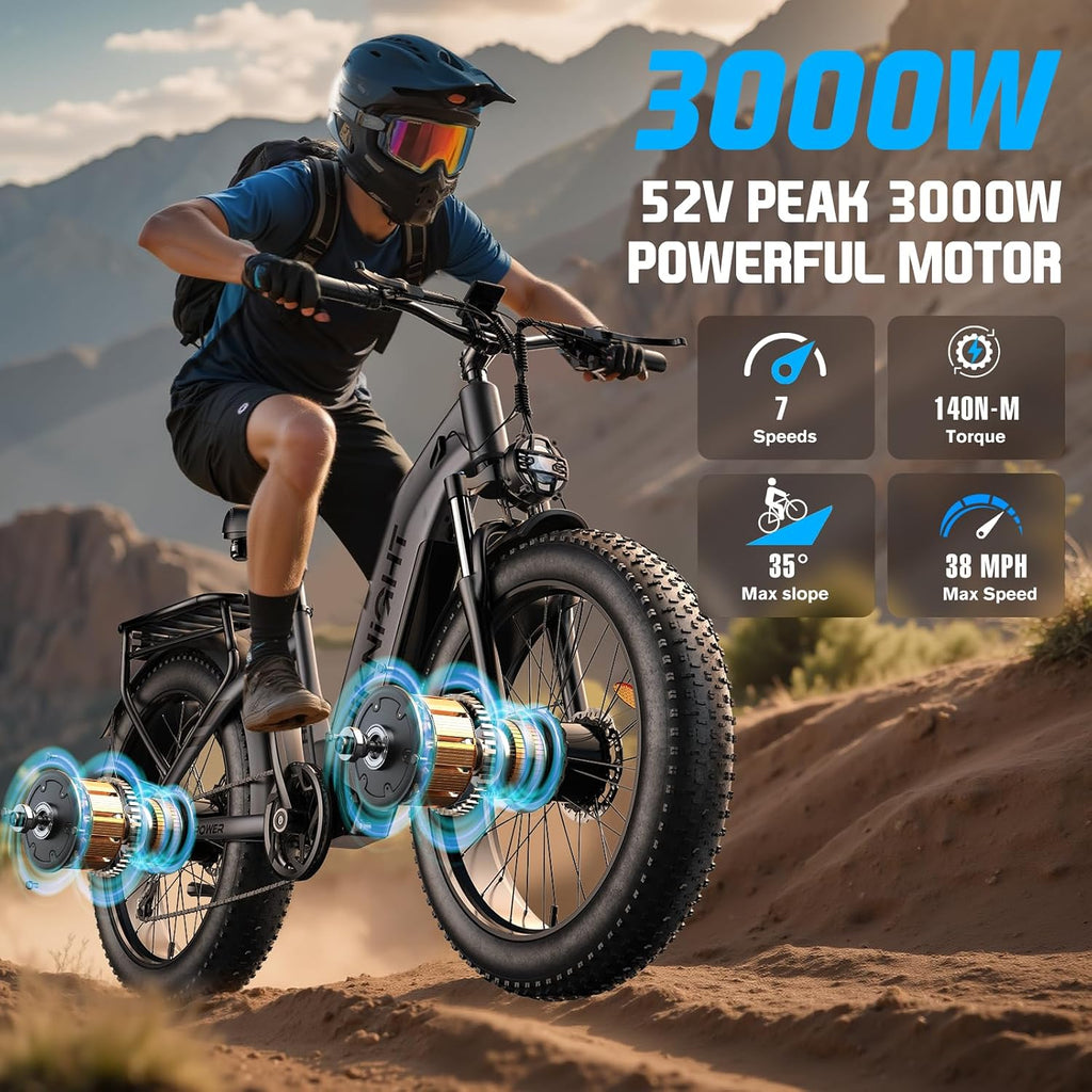 Dual Motor Ebike, 3000W Electric Bike for Adults, 52V 20Ah 26' Fat Tire Fast Ebike Max 38 Mph, up to 90 Miles, Off-Road Mountain E-Bike for Men Women, Step-Through Design