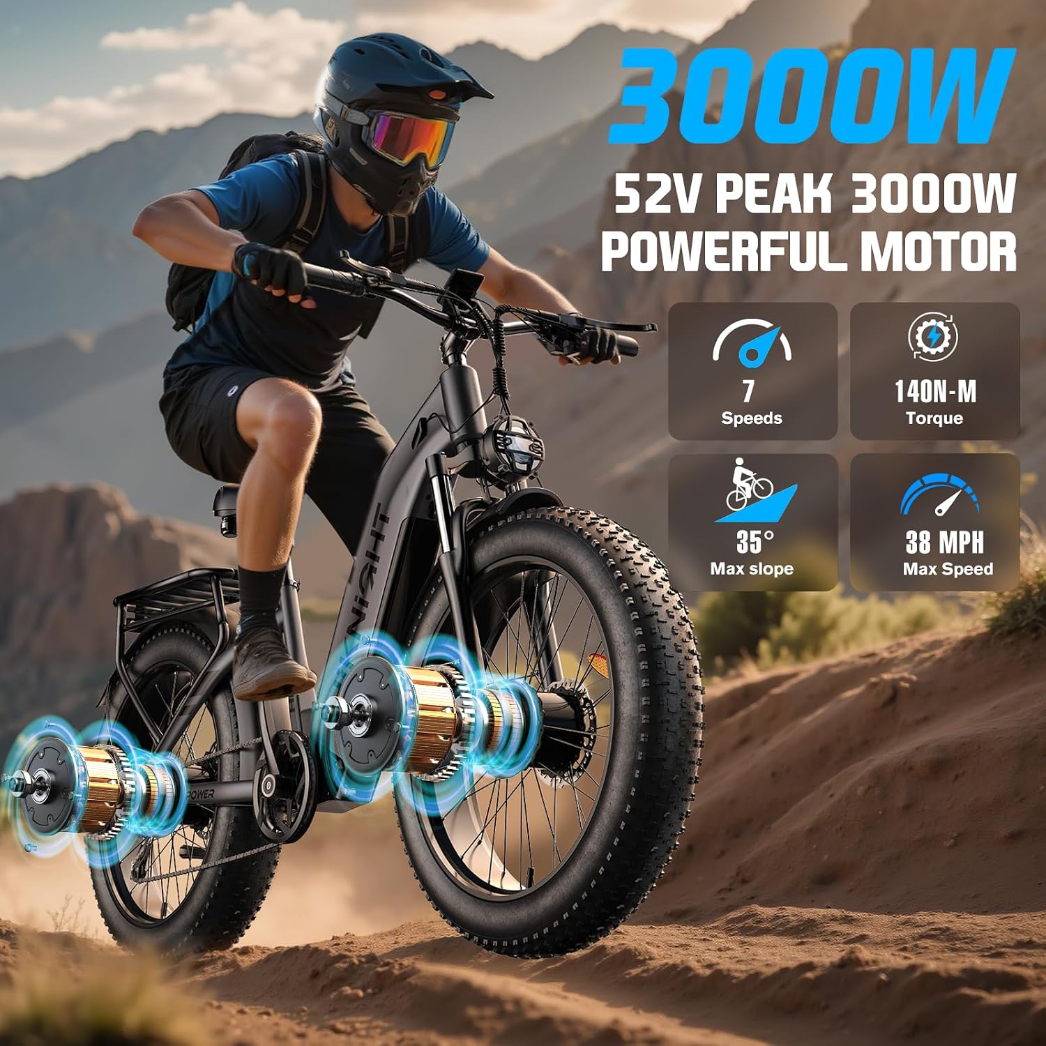 Dual Motor Ebike, 3000W Electric Bike for Adults, 52V 20Ah 26' Fat Tire Fast Ebike Max 38 Mph, up to 90 Miles, Off-Road Mountain E-Bike for Men Women, Step-Through Design