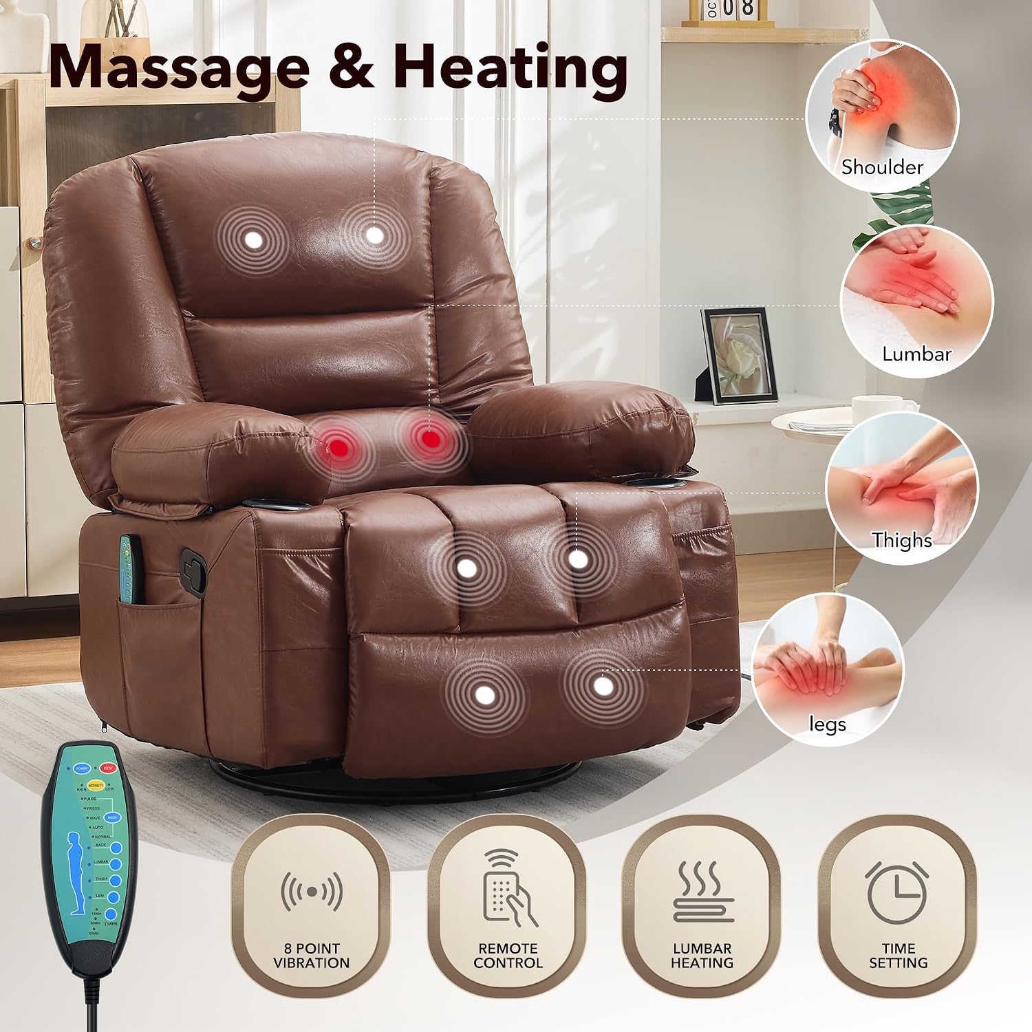 Rocker Recliner Chair with Heat and Massage,Nursery Recliner 360° Swivel Oversized Chairs for Adults,PU Leathe Lazy Boy Single Sofa Seat with 3 Positions, Side Pockets,Cup Holders for Living Room